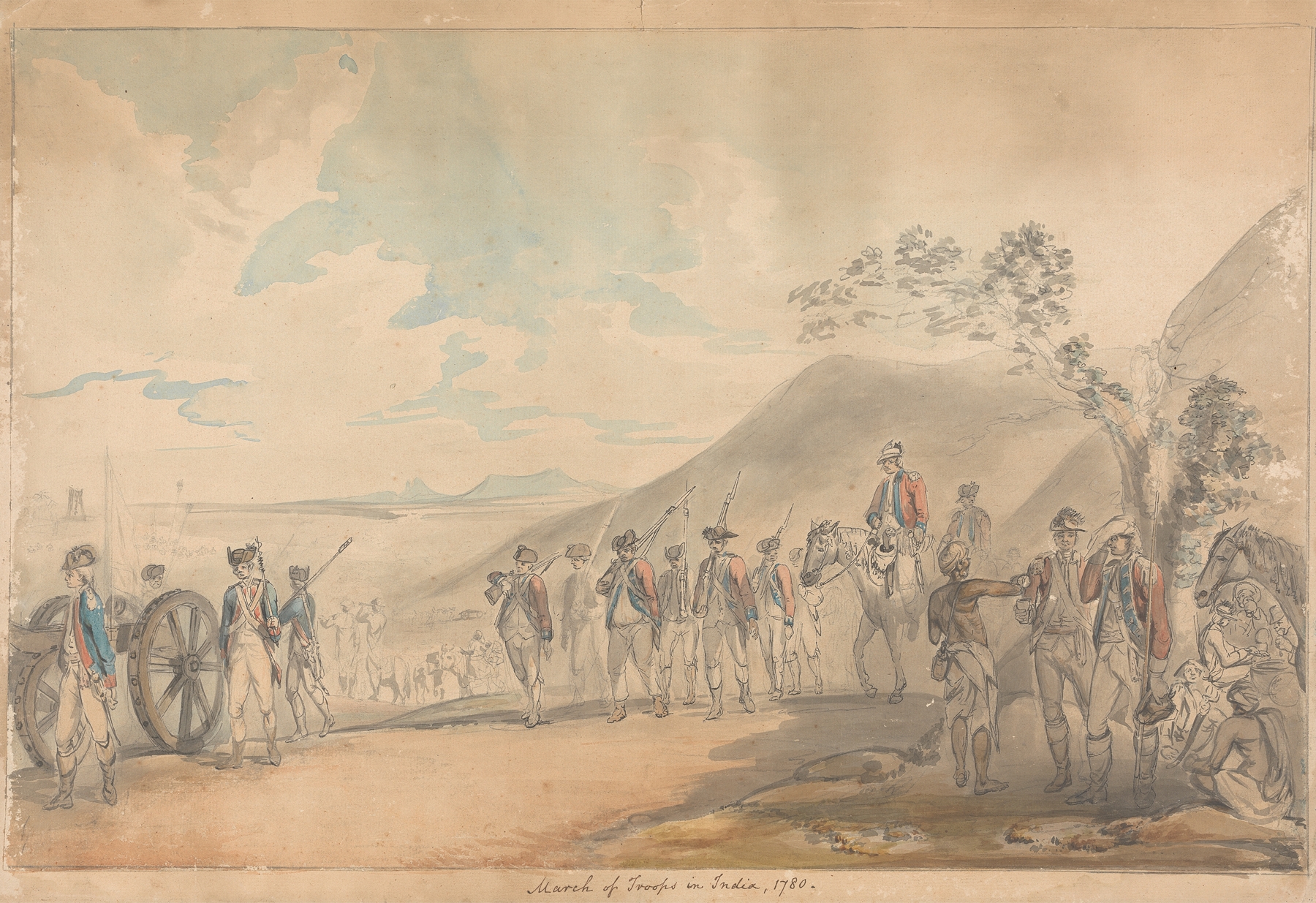 March of Troops in India, oil on canvas by Samuel Davis, depicting soldiers marching through a dramatic landscape.