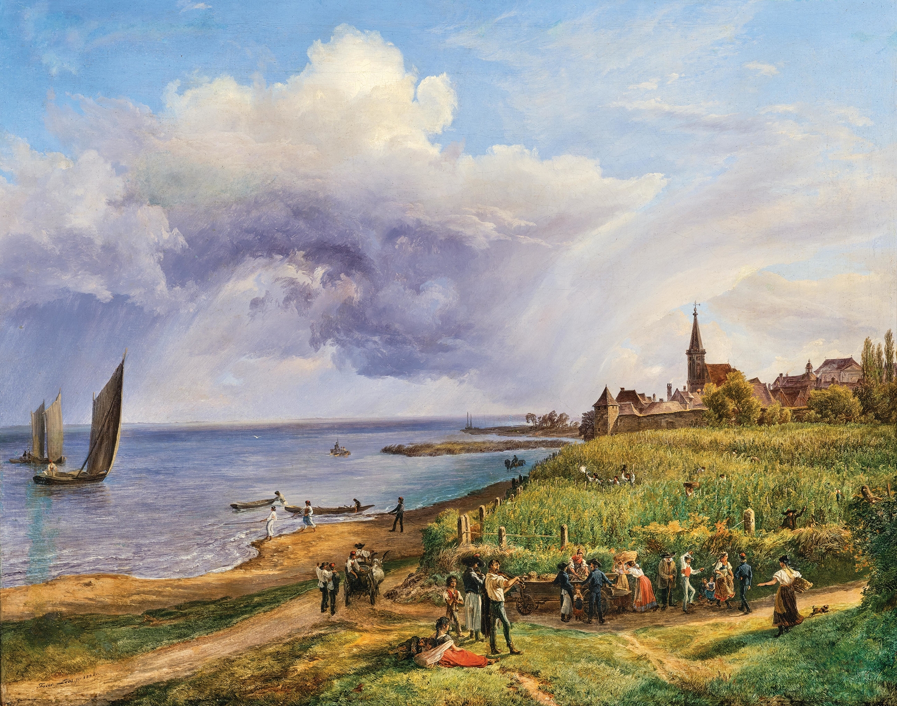 Harvest near Rust on Lake Neusiedl by Friedrich Loos, oil on canvas, depicts a farmer in a wheat field by the lake.