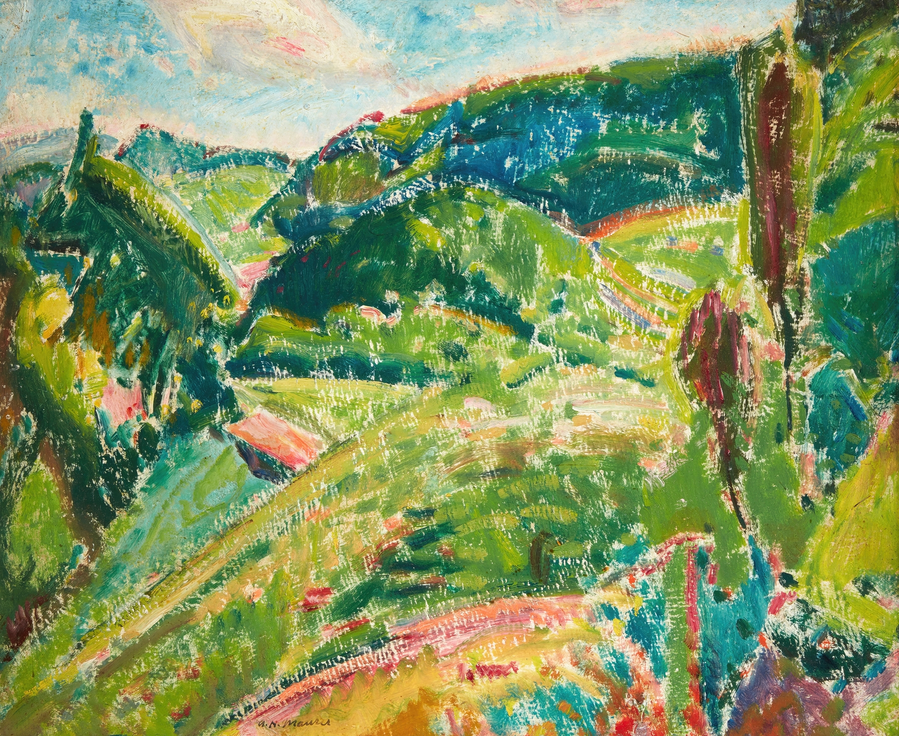 Landscape by Alfred Henry Maurer, oil painting depicting a tranquil horizon with soft pastel colors.