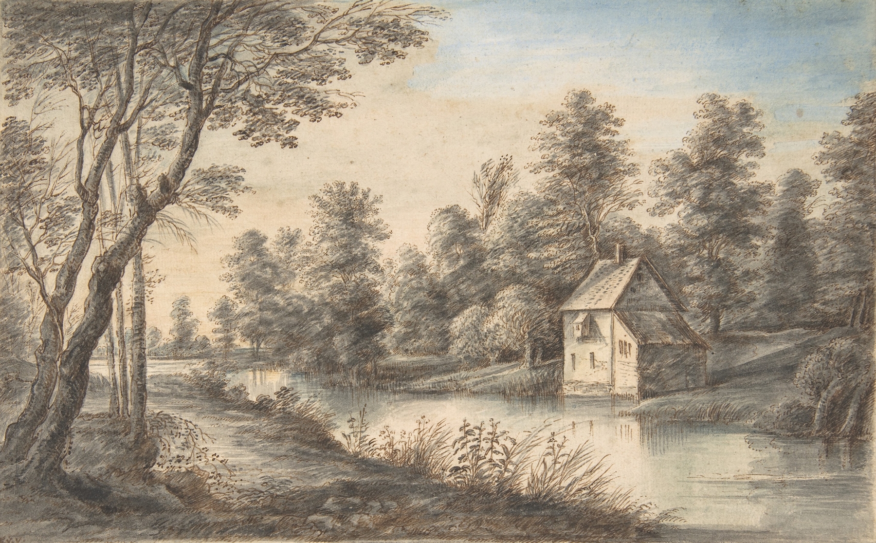 Wooded landscape with a house beside a river, oil on canvas by Lucas van Uden