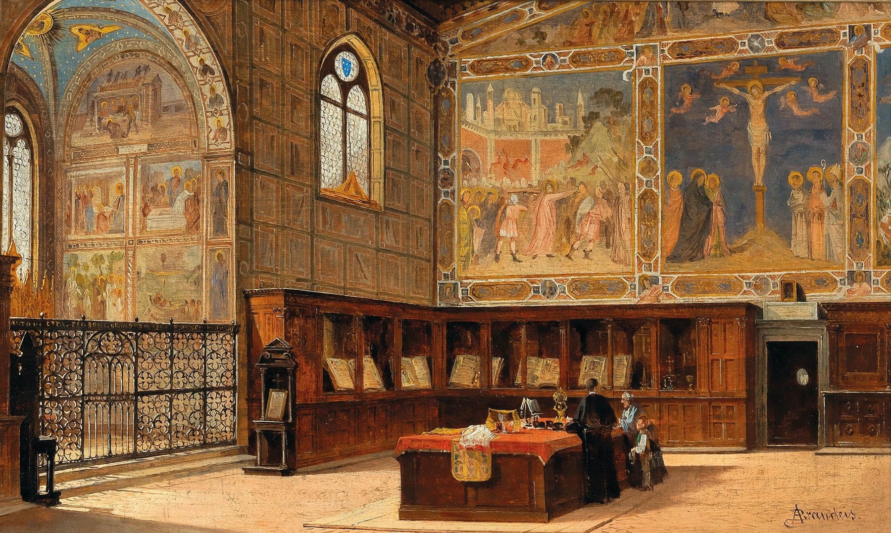 Interior scene with stained glass and architecture, oil on canvas by Antonietta Brandeis