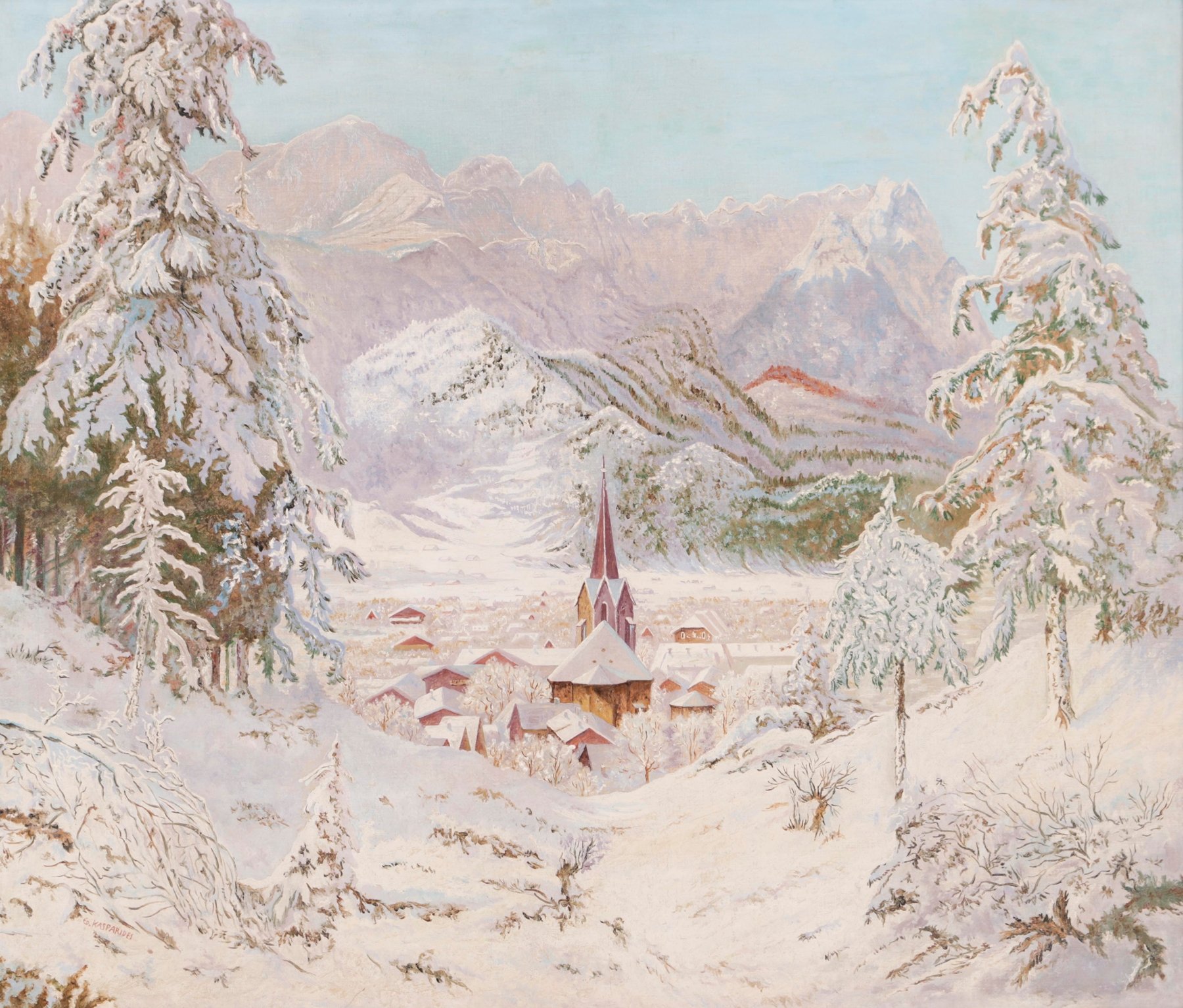 Landscape of mountains and valleys in oil painting by Eduard Kasparides