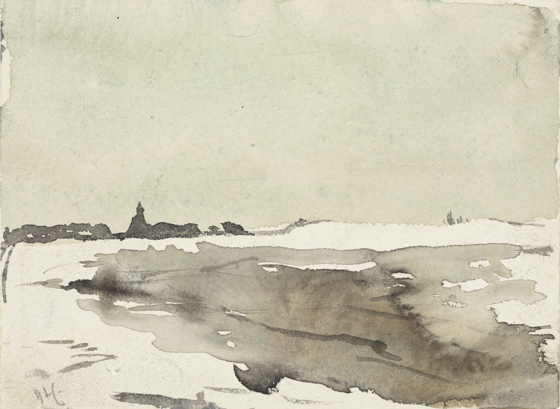Winter landscape with a church in the distance, oil on canvas by Adolf le Comte