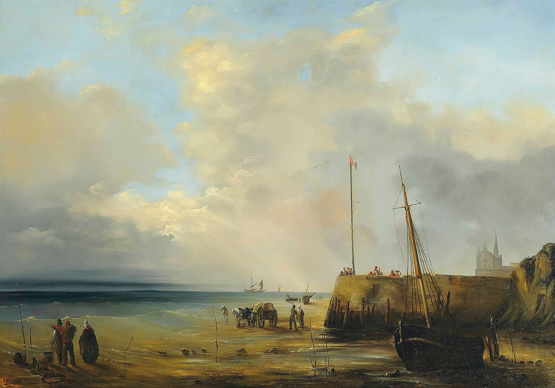 Fishermen at the harbour wall, low tide, oil painting by Théodore Gudin
