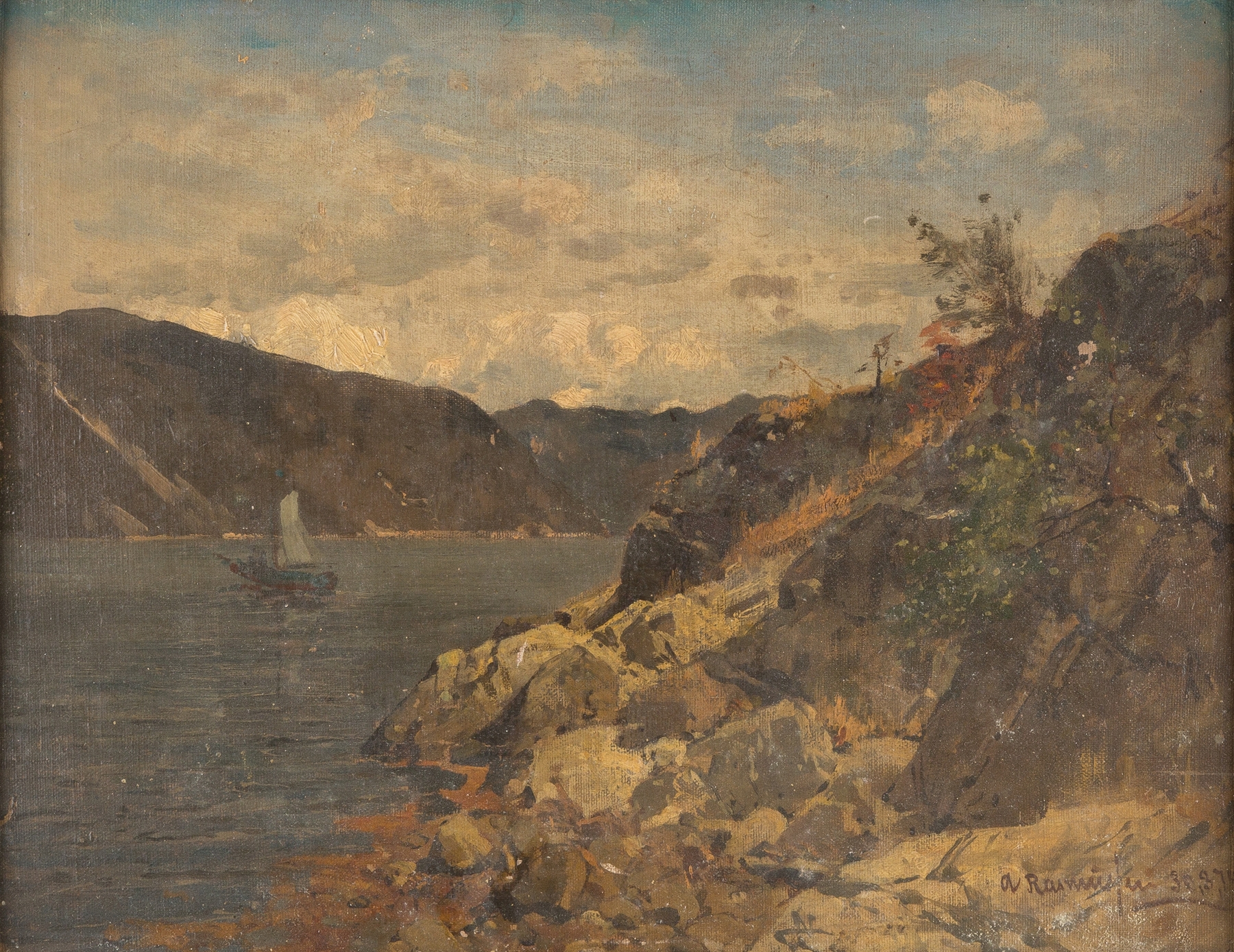 Oil painting by Georg Anton Rasmussen depicting a ship in a rocky fjord