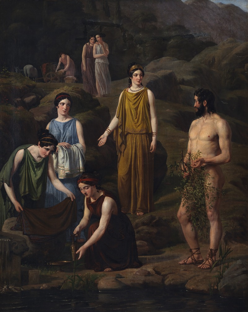 Wilhelm Marstrand's painting depicts Nausikaa bringing clothes to the shipwrecked Odysseus.