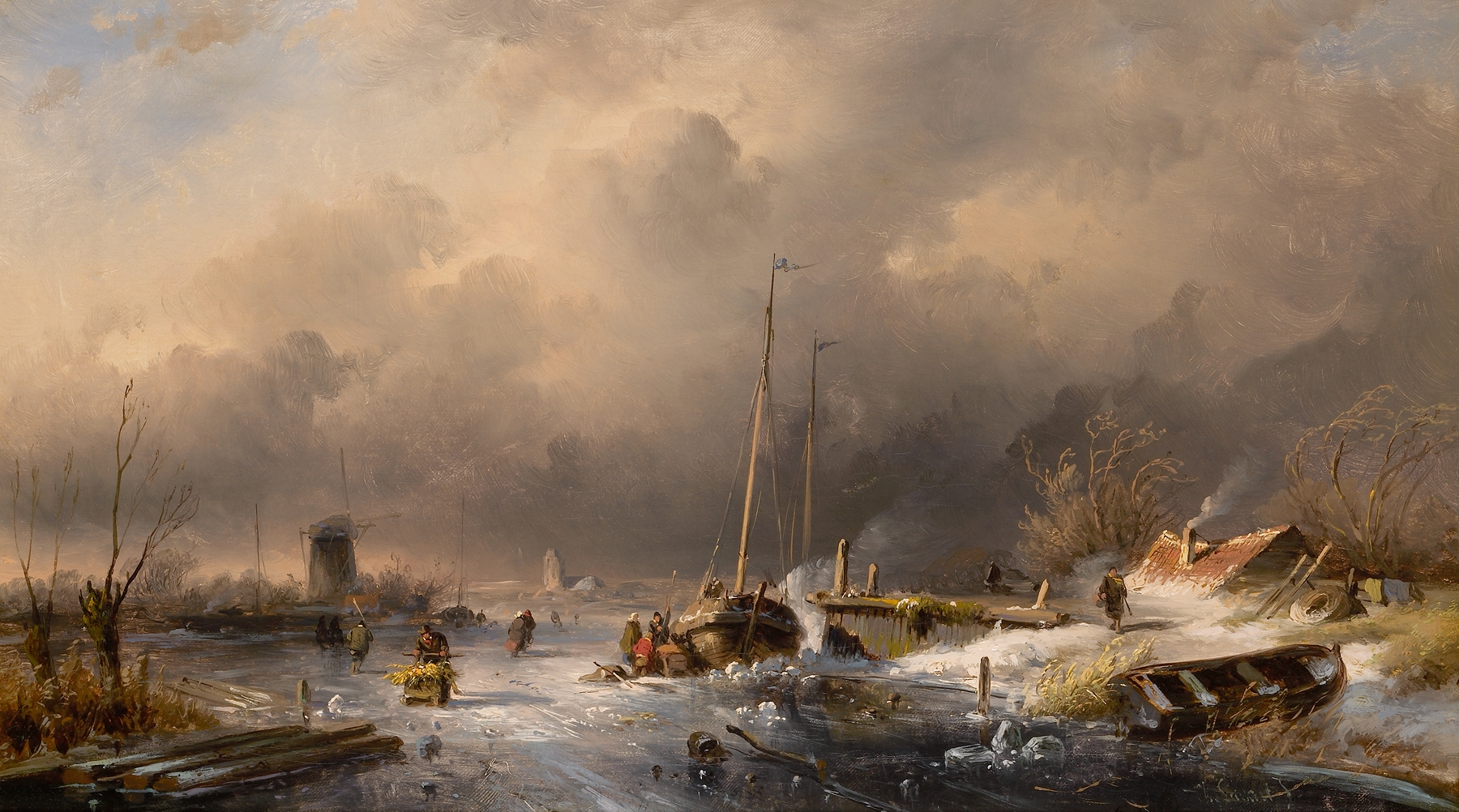 Winter landscape with a river, oil painting by Charles Leickert