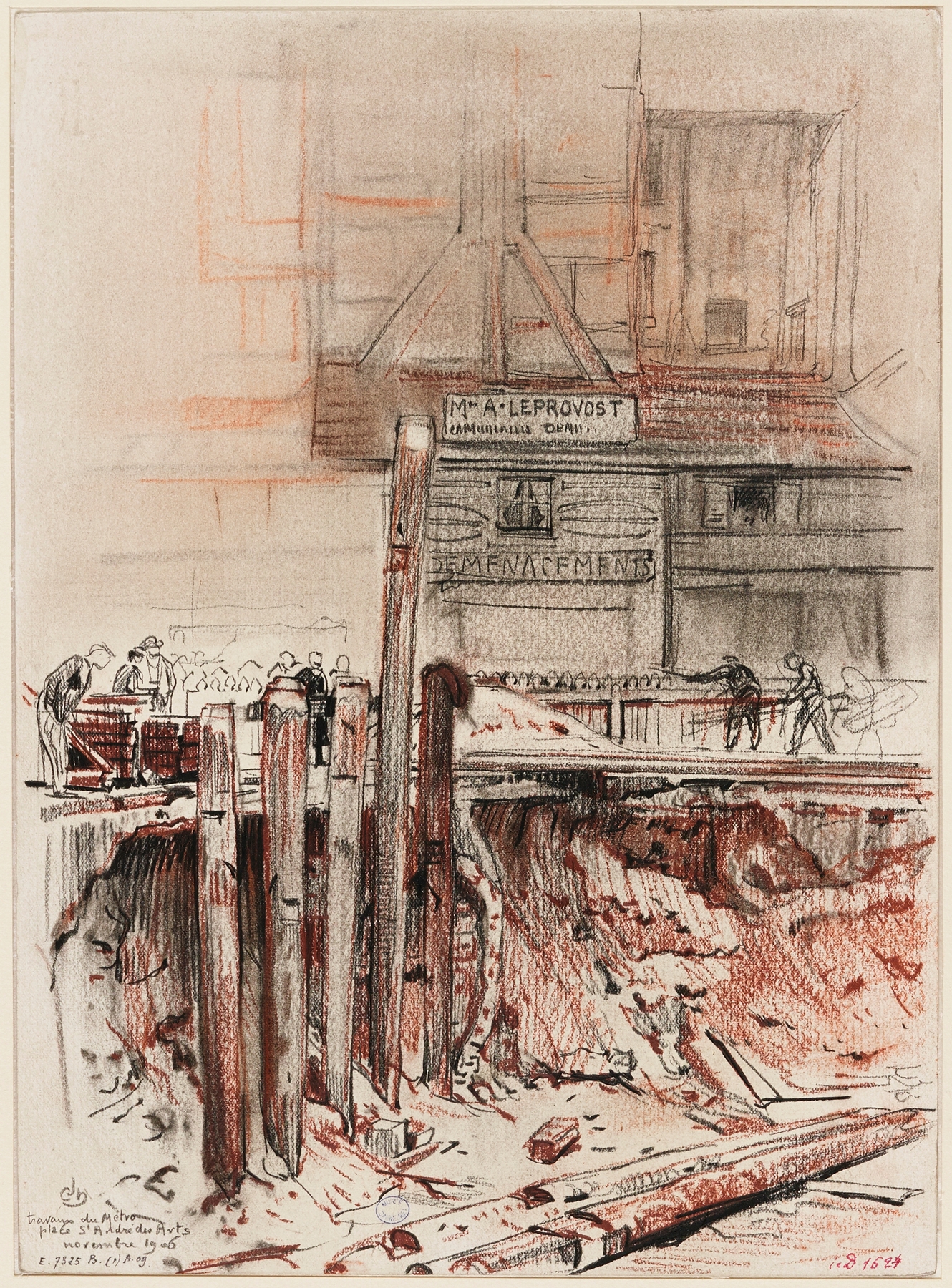 Watercolour by Charles Jouas depicting a construction scene with laborers
