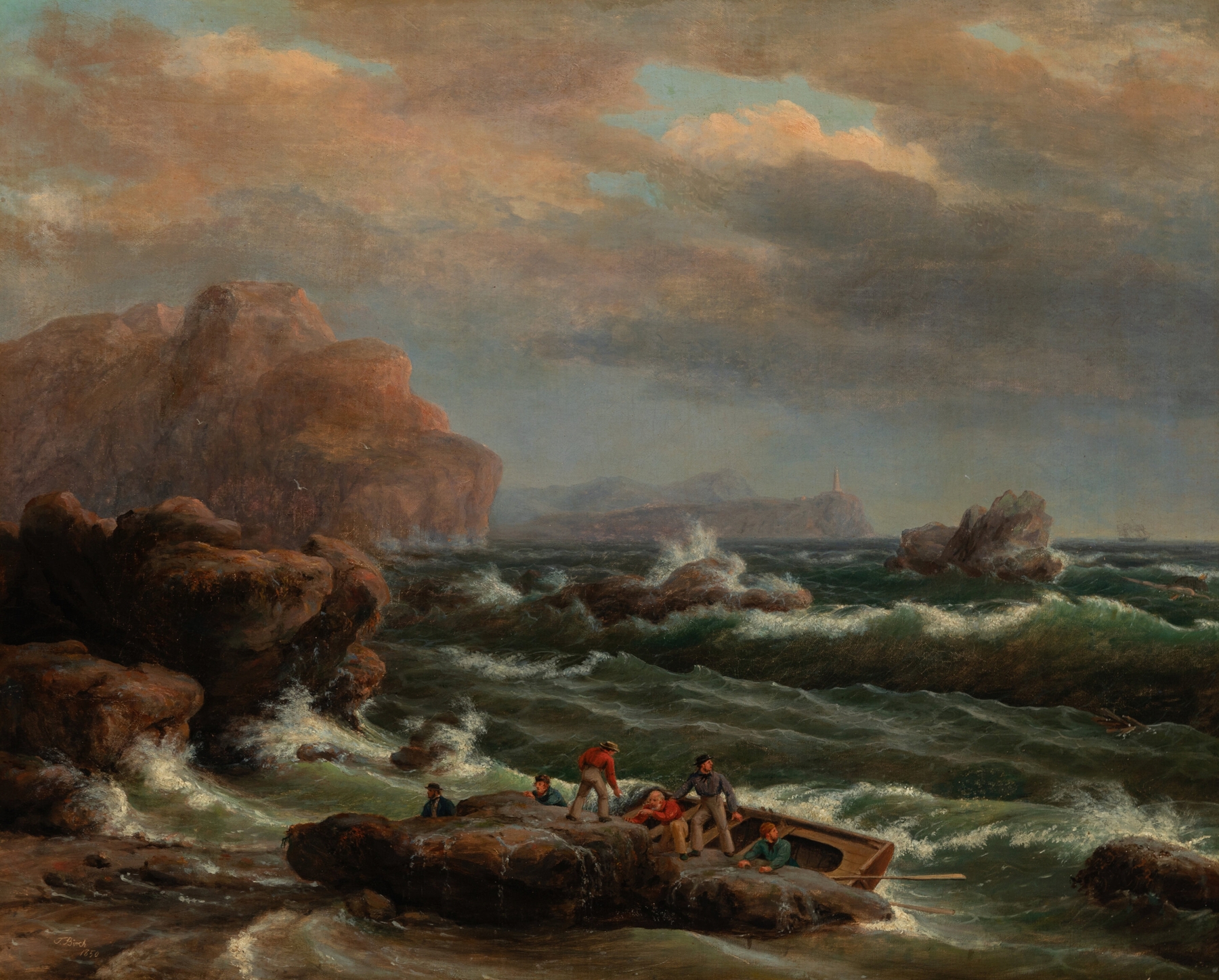 Marine scene with a small boat on the shoreline, oil painting by Thomas Birch