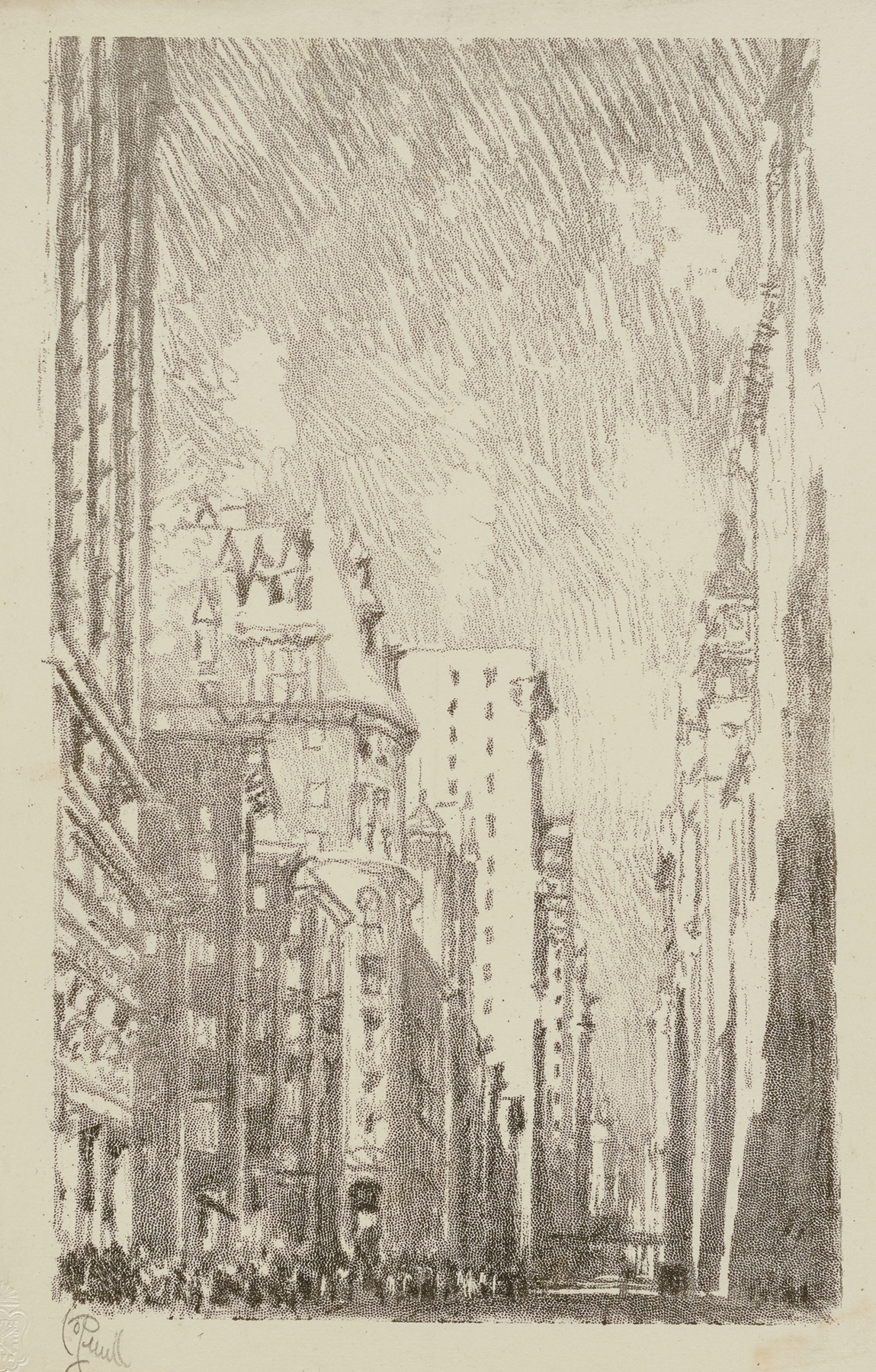 Broadway From Bowling Green lithograph by Joseph Pennell depicting urban architecture
