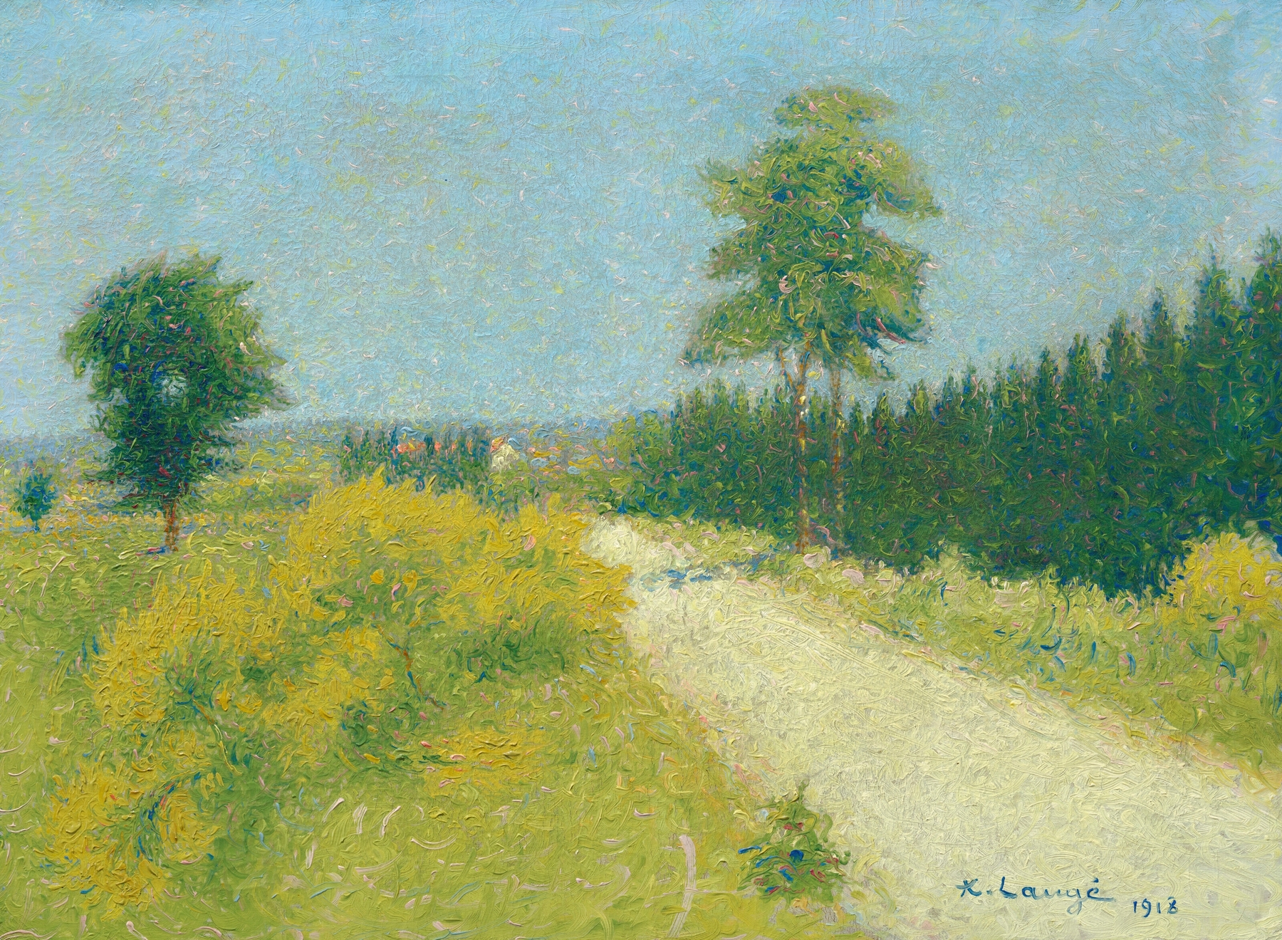 Landscape with a winding road in golden light, oil painting by Achille Laugé