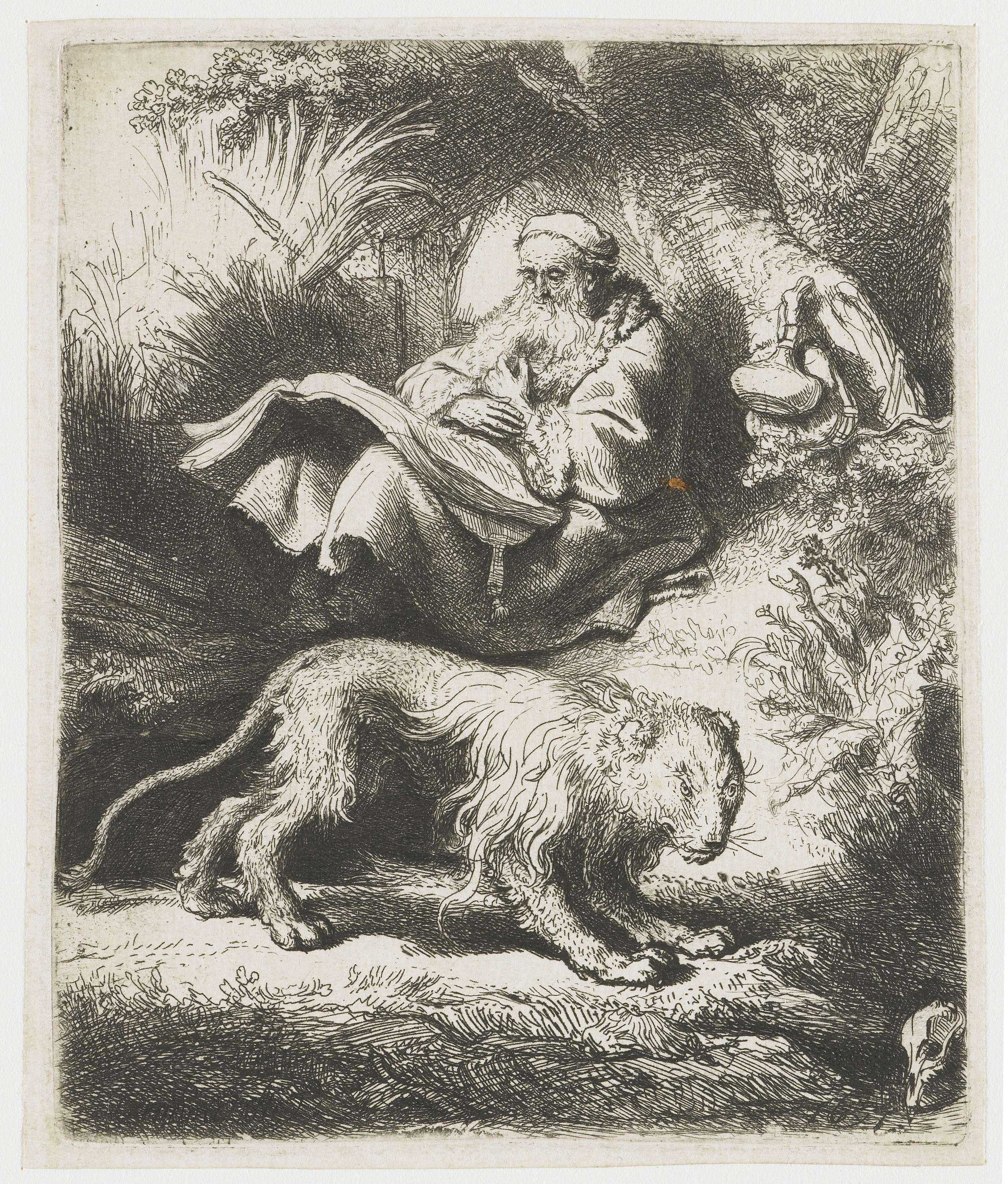St Jerome Reading etching by Rembrandt van Rijn showing a lion and a book