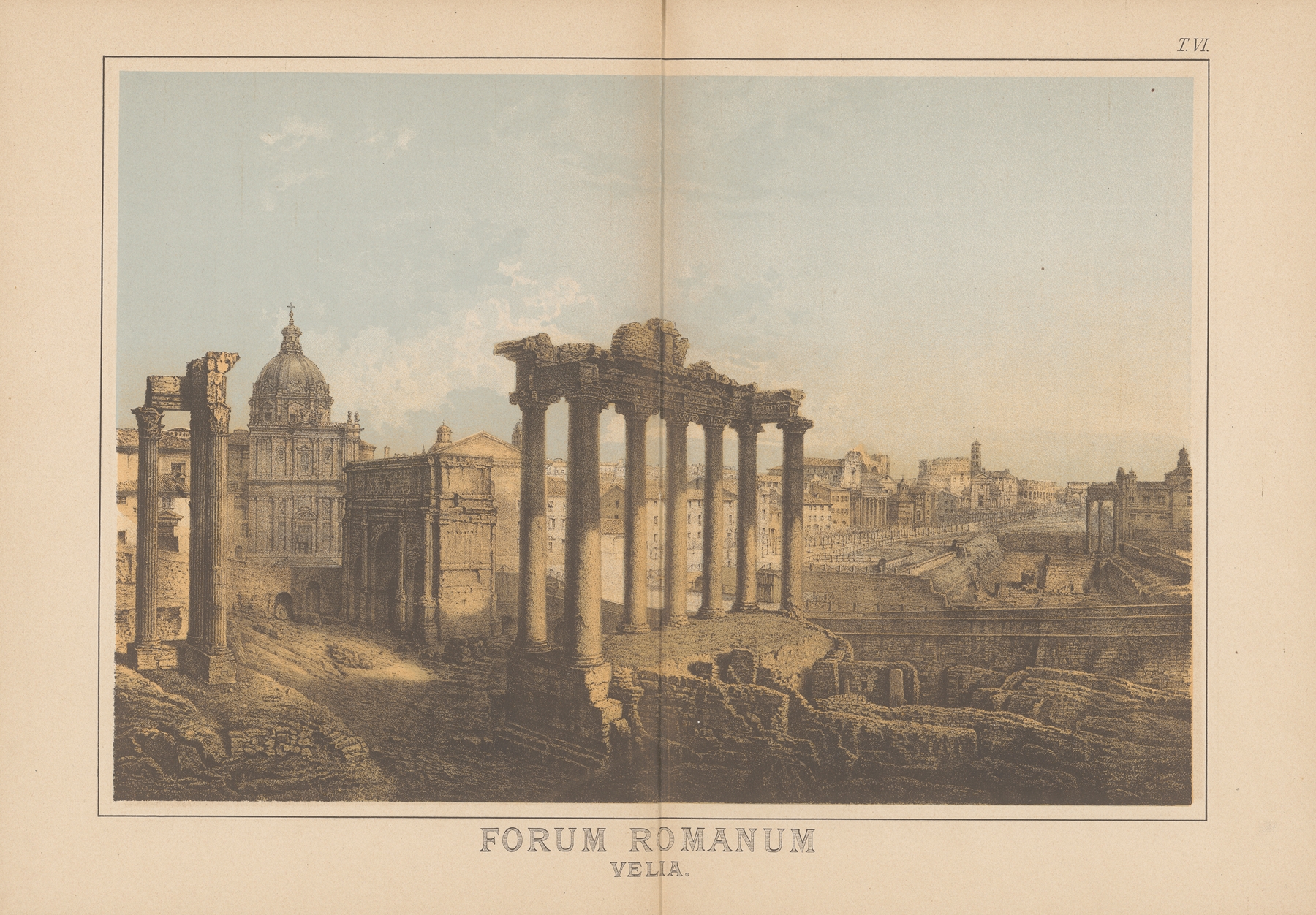 Forum Romanum by Christoph Ziegler, oil on canvas depicting ancient ruins and sunset.