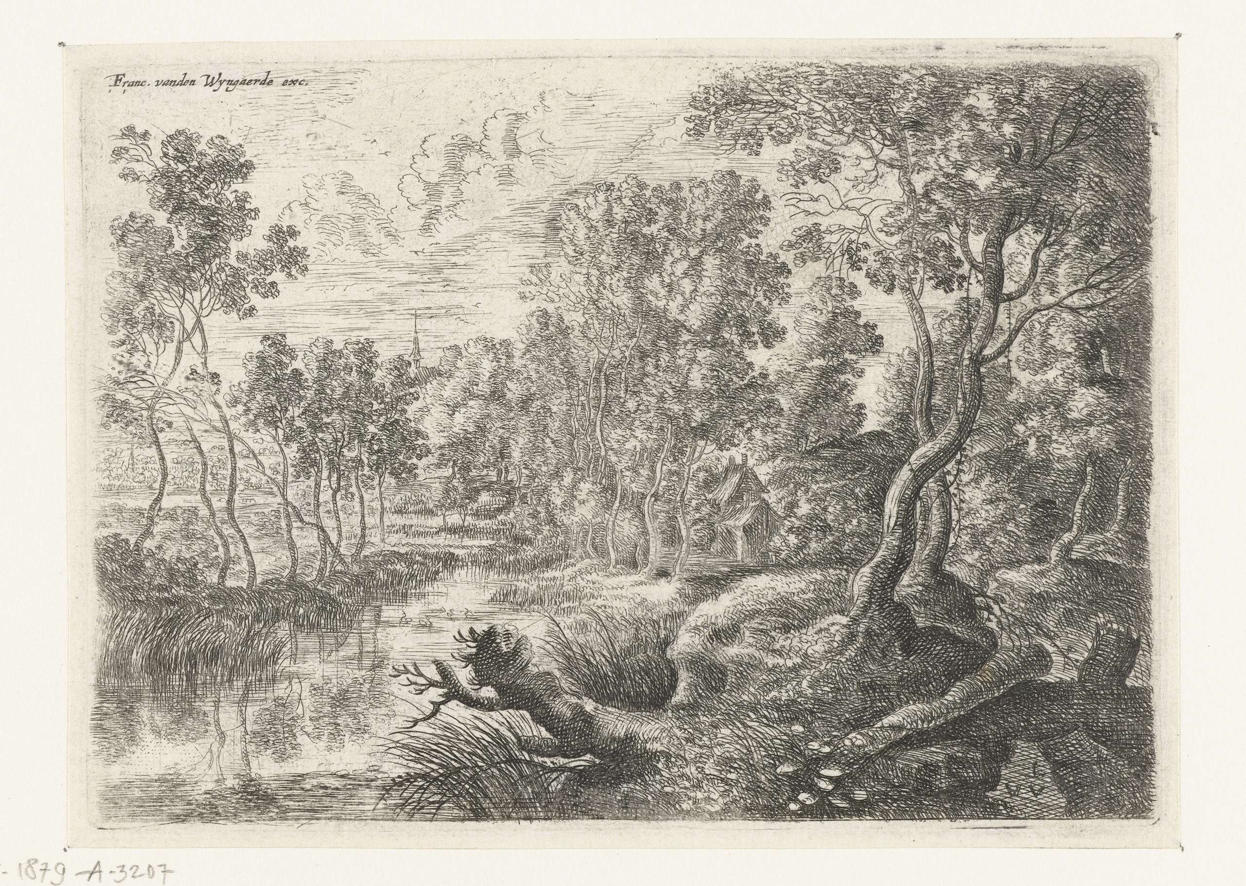 Landschap met een beek by Lucas van Uden, etching depicting a tranquil brook and lush foliage.