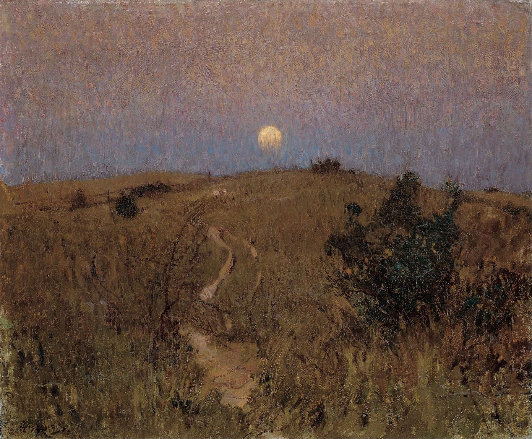 Moonrise by David Davies, oil painting depicting a twilight landscape with deep blues and purples.