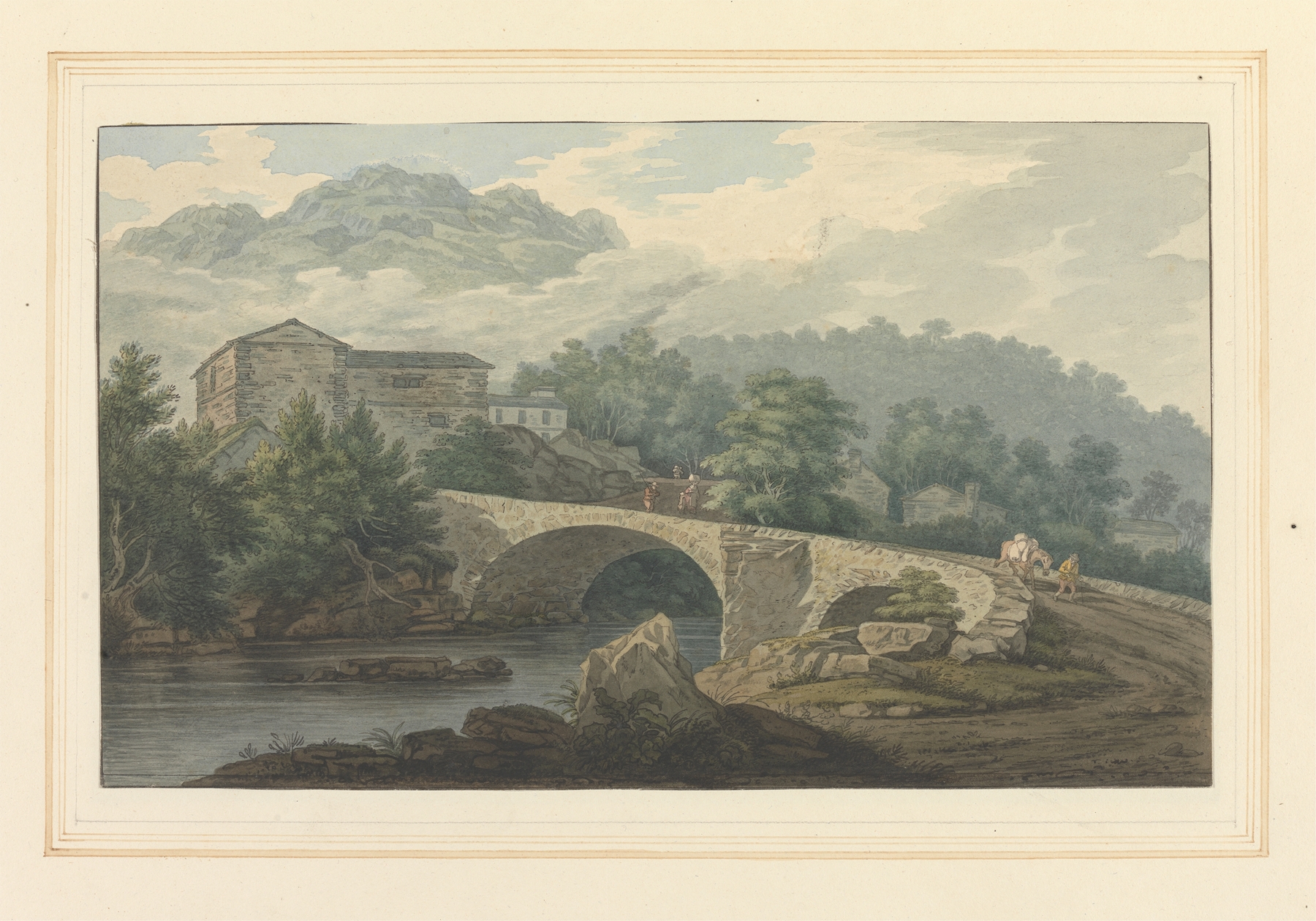 Brathay Bridge by Joseph Farington, oil on canvas depicting a lush landscape with a river and sunlight.