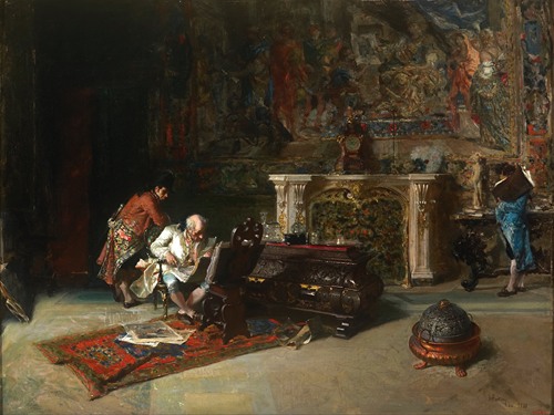 The Print Collector by Mariano Fortuny Marsal depicts a man engrossed in examining prints.