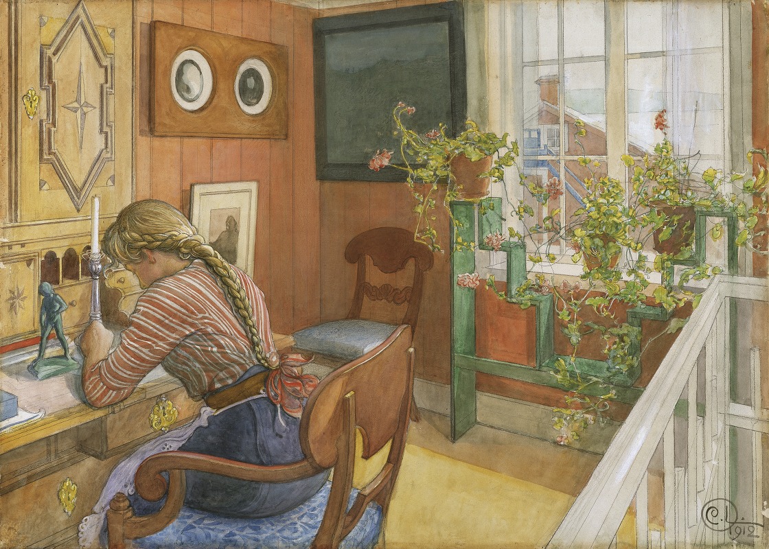 A depiction of a woman engaged in letter-writing, showcasing domestic life.