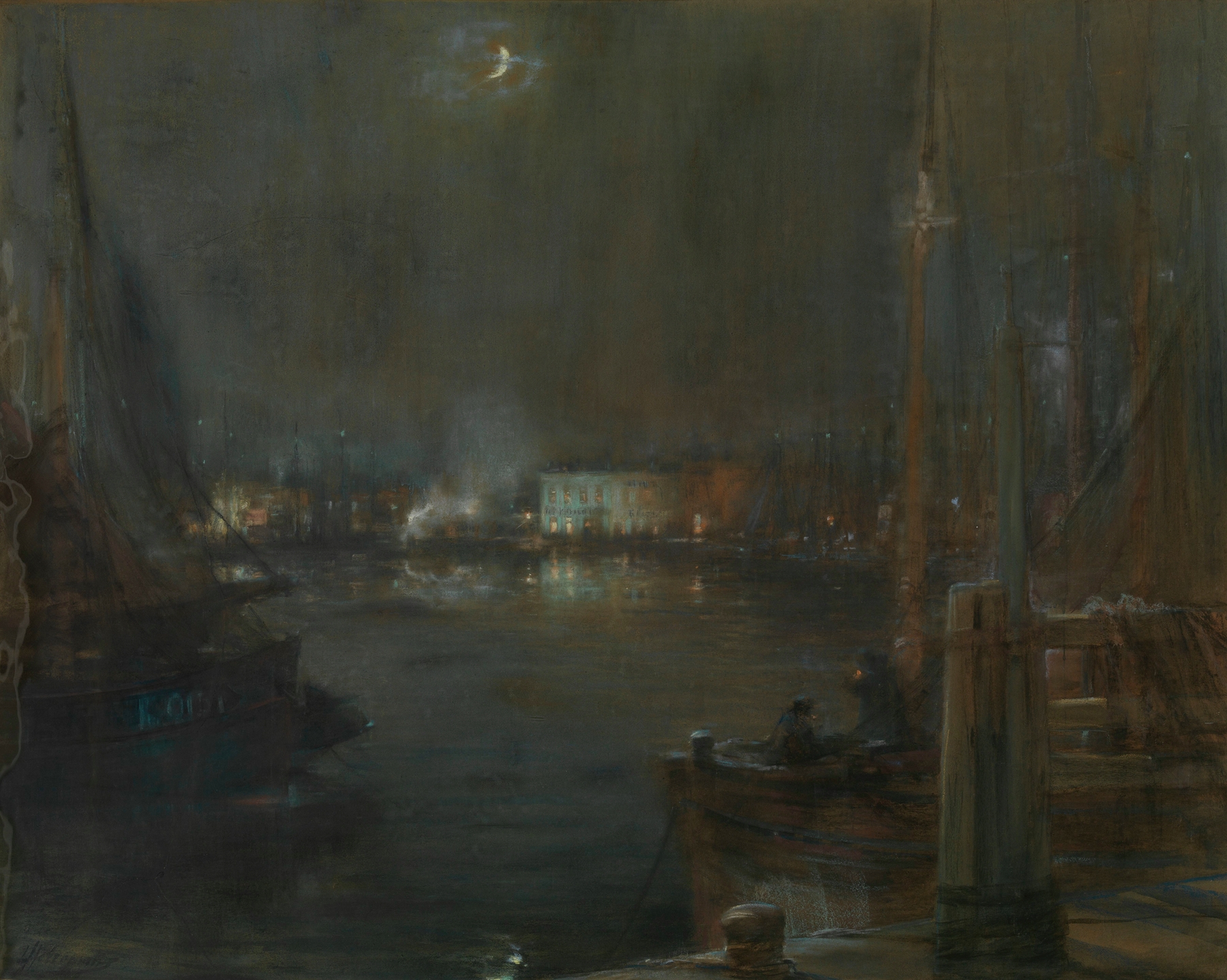Evening at the Ostend Harbour by Lieven Herremans, oil on canvas depicting boats at dusk.