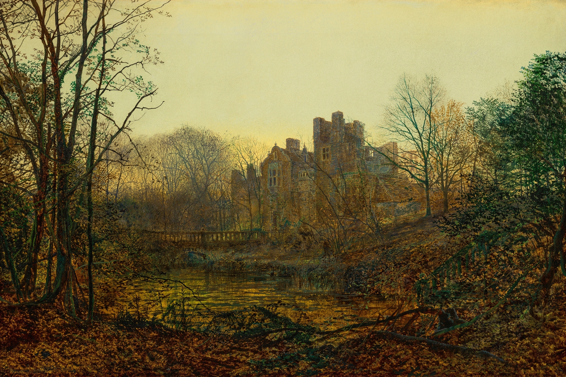 An October Afterglow by John Atkinson Grimshaw, oil painting depicting a sunset landscape.