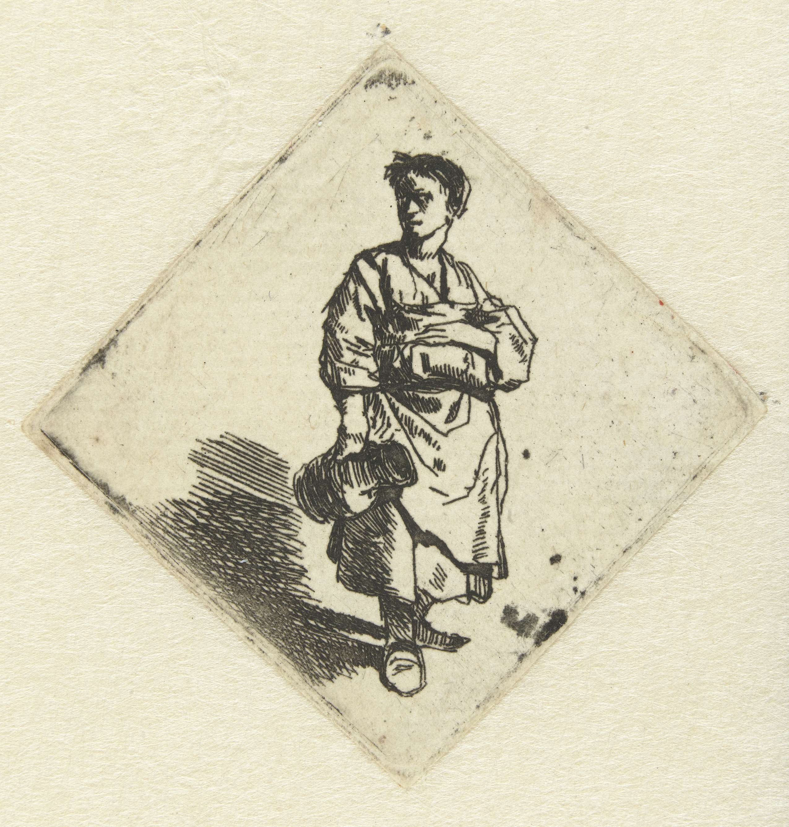 Standing woman holding a pitcher, etching by Cornelis Pietersz. Bega