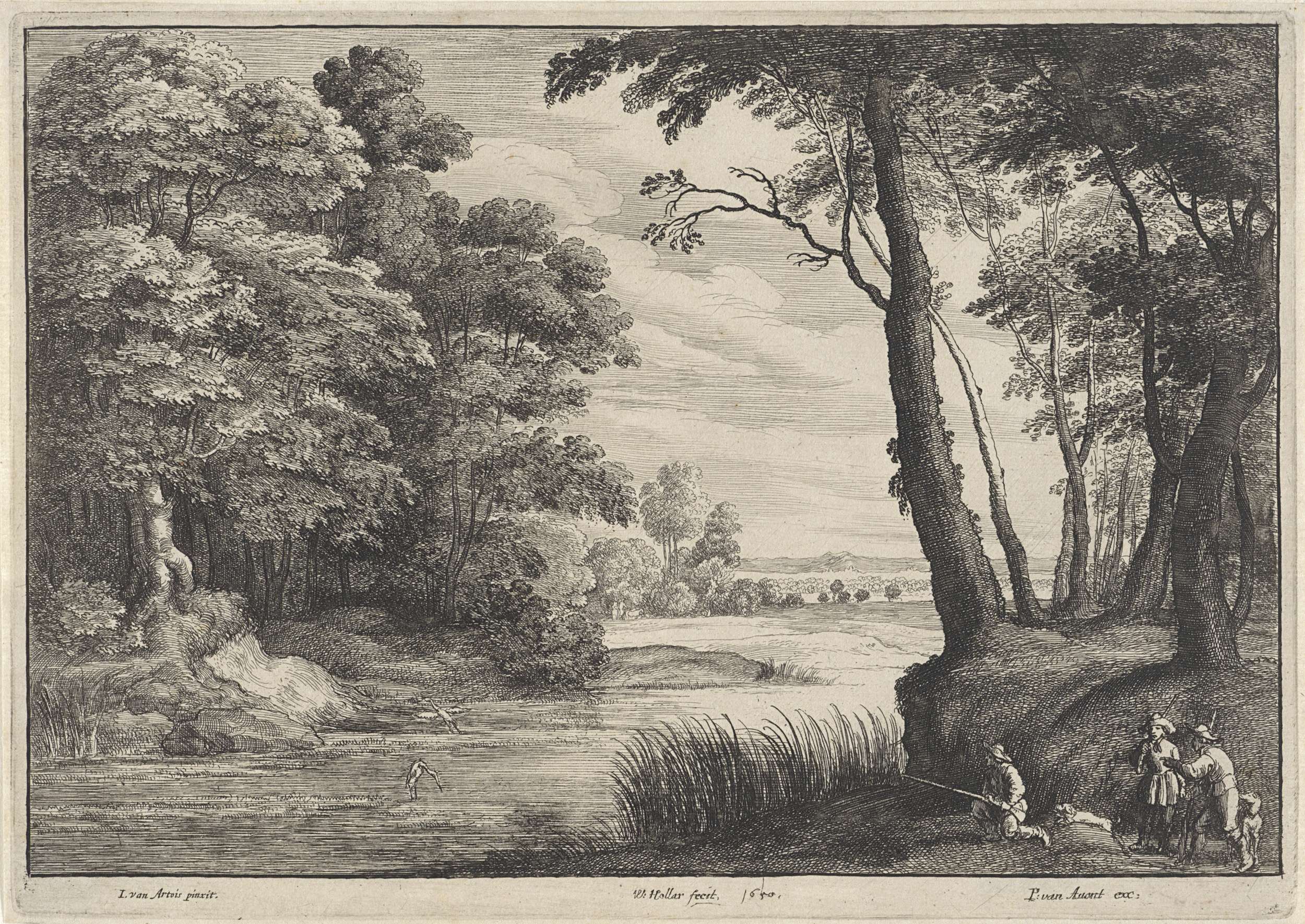 Waterrijk landschap met reiger en jagers, etching by Wenceslaus Hollar showing hunters in a tranquil landscape.
