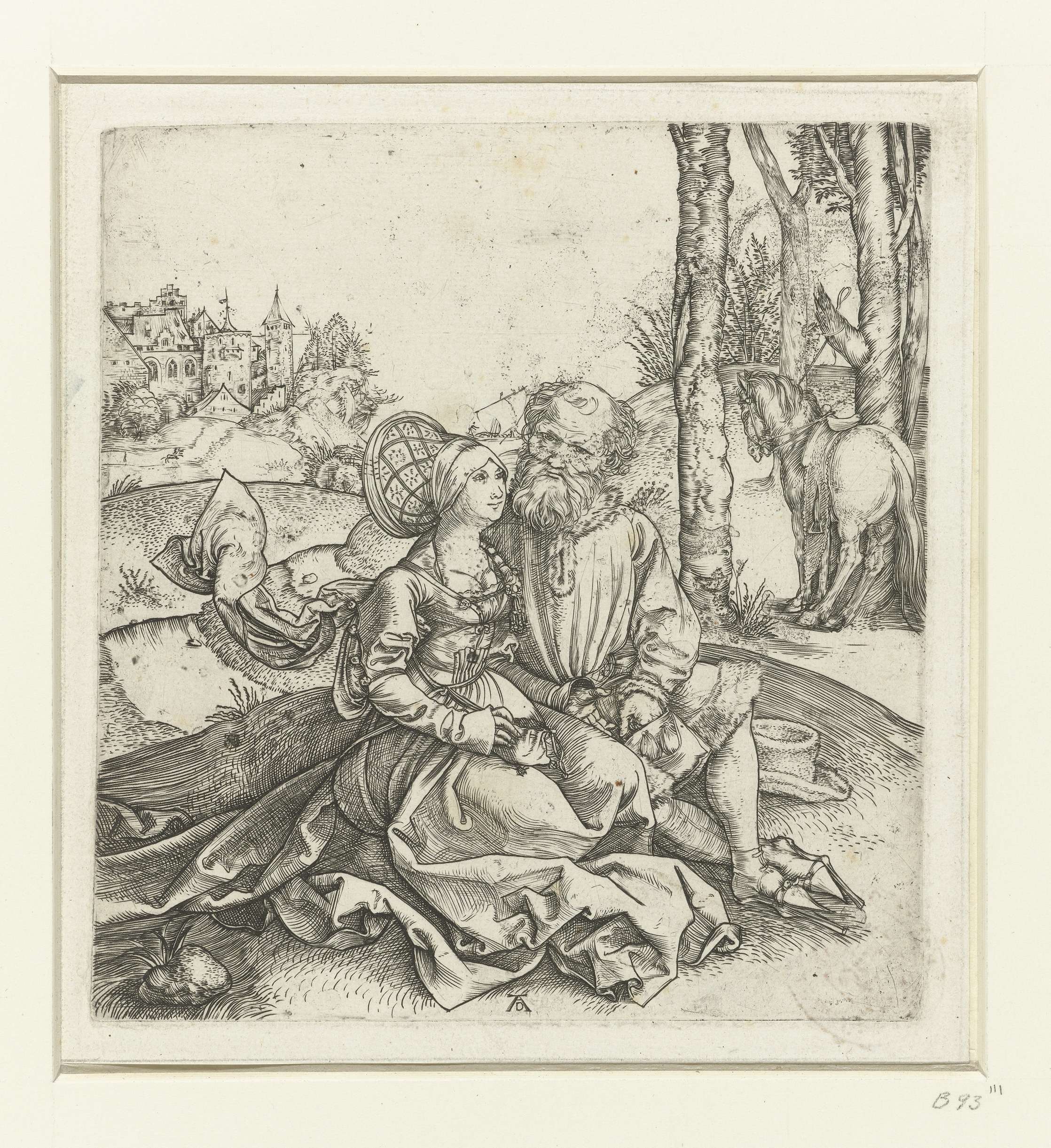 Engraving by Albrecht Dürer depicting an old man and a young woman in an intimate moment