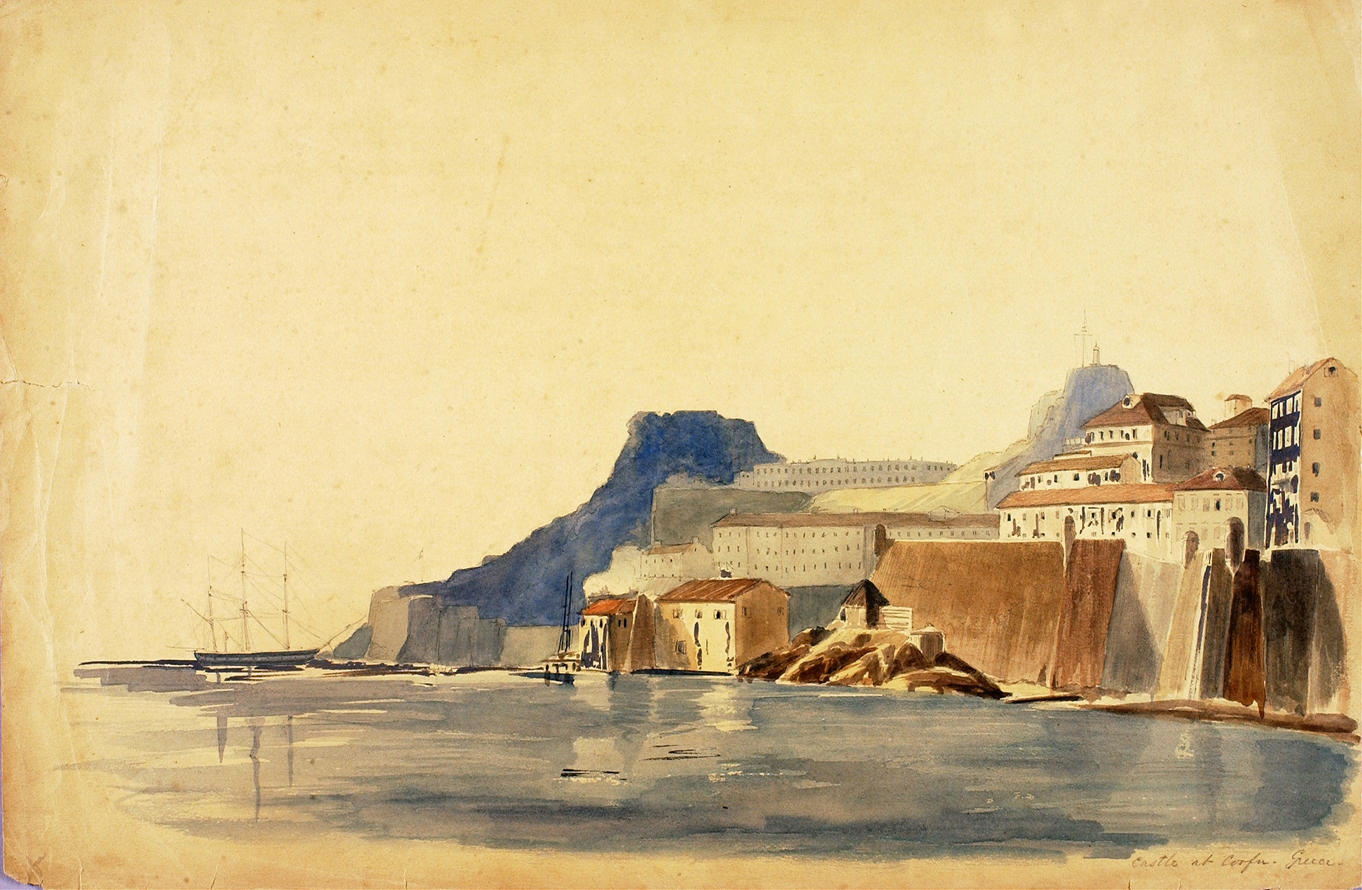 Castle at Corfu, Greece, oil on canvas by Miner Kilbourne Kellogg, featuring a rugged coastline and imposing castle.