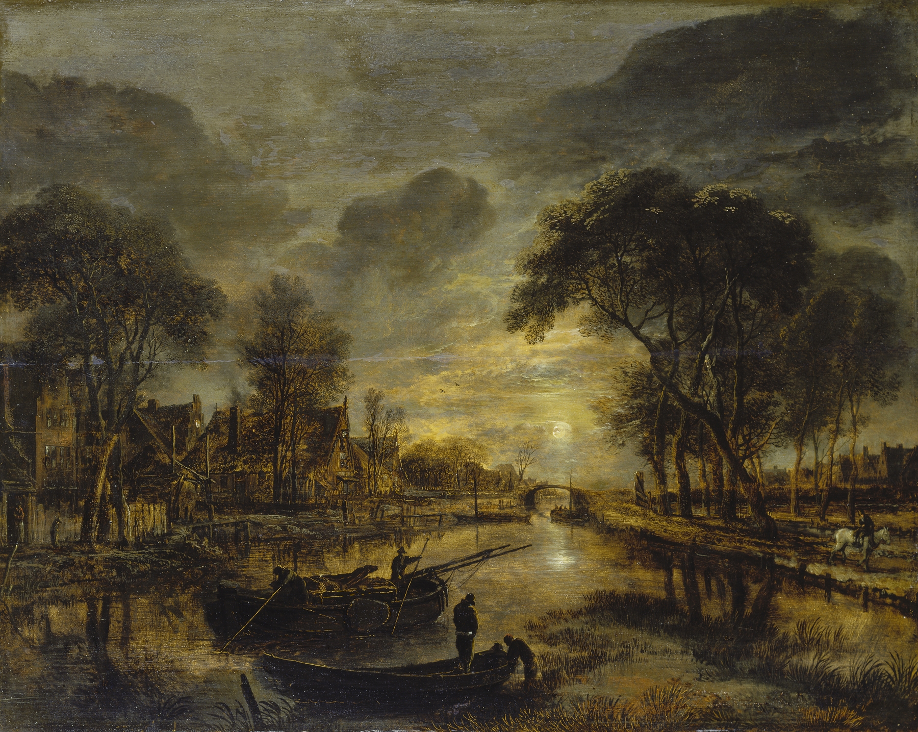 Nocturnal canal landscape with fishing boats, oil on canvas by Aert van der Neer