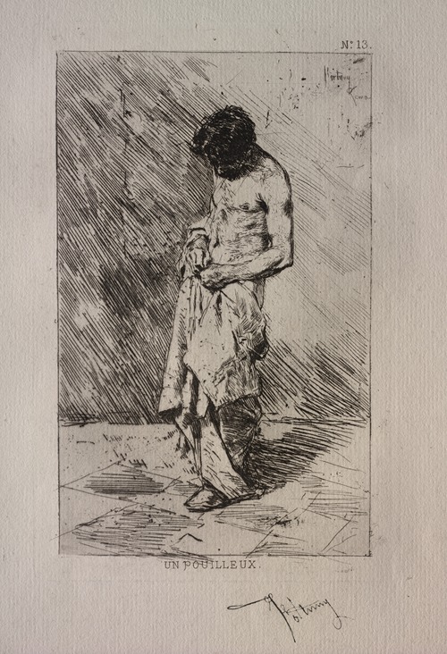 A man is depicted searching for fleas in a lively scene.