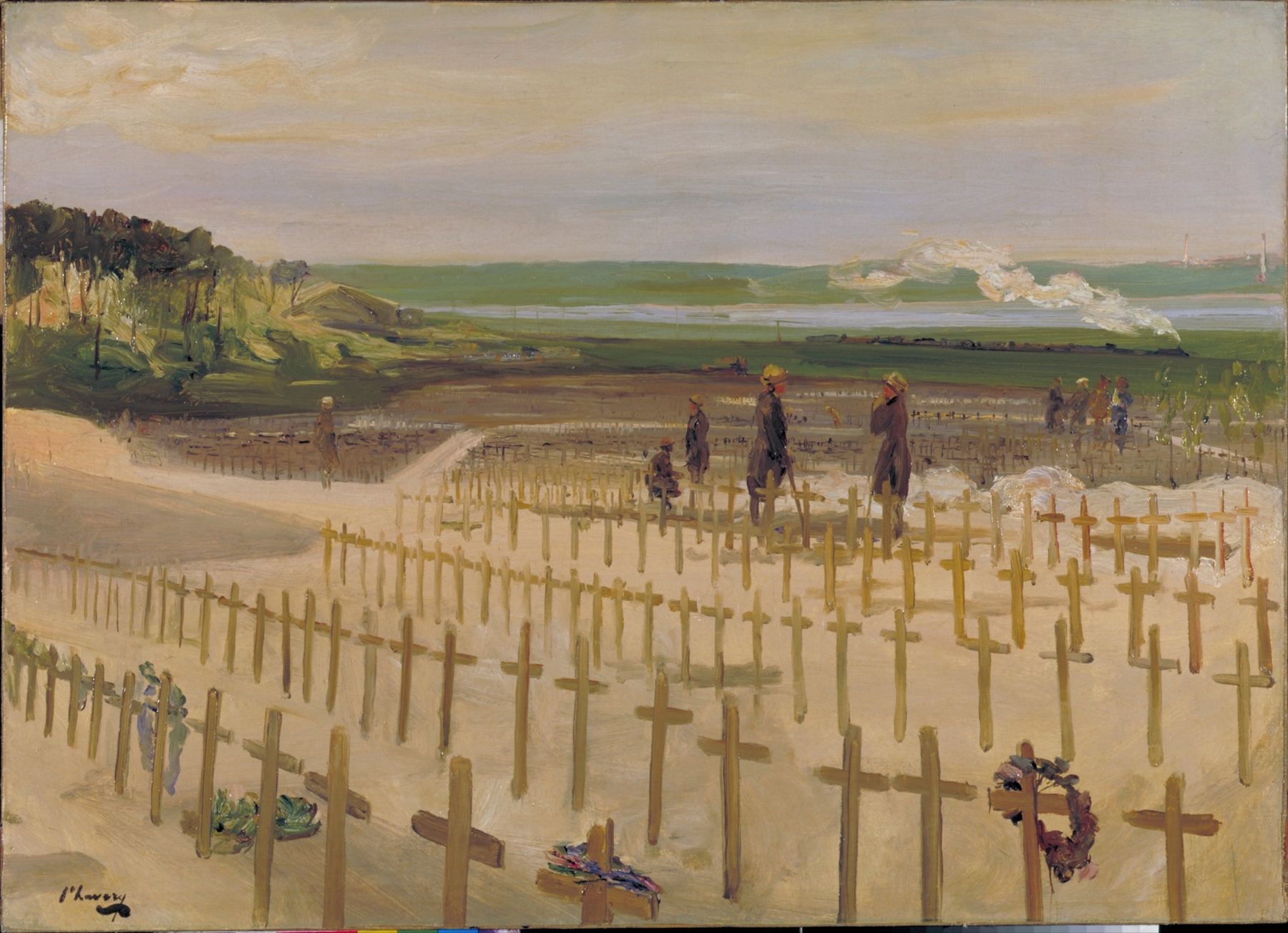 The Cemetery, Etaples, 1919 by Sir John Lavery, oil on canvas depicting a somber landscape.