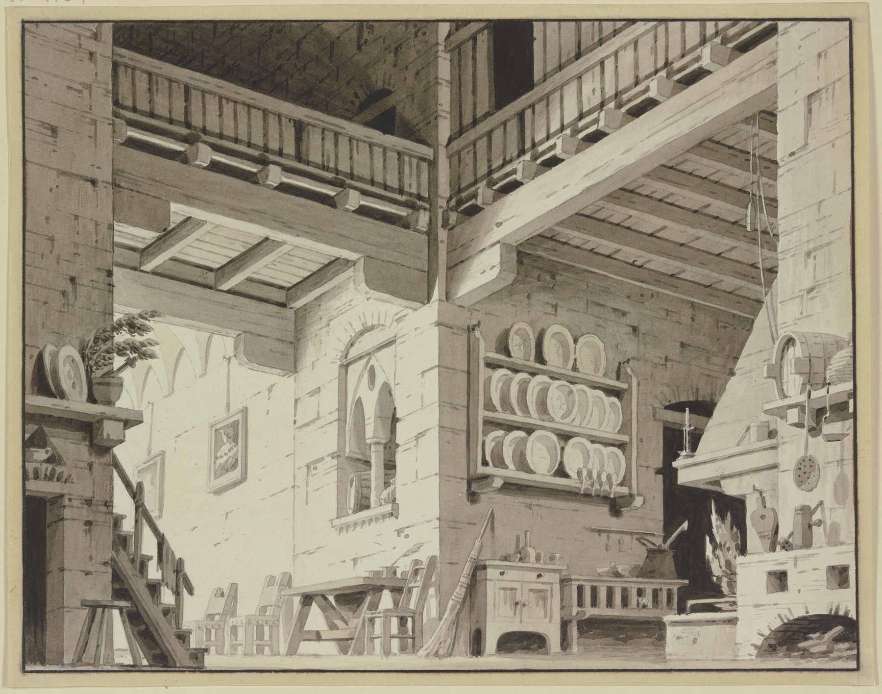 Interior scene of a farmhouse kitchen with wooden beams by Giorgio Fuentes