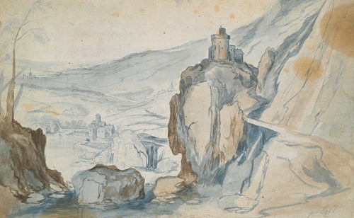 A detailed landscape painting by Jan Brueghel the Elder featuring rocky terrain.