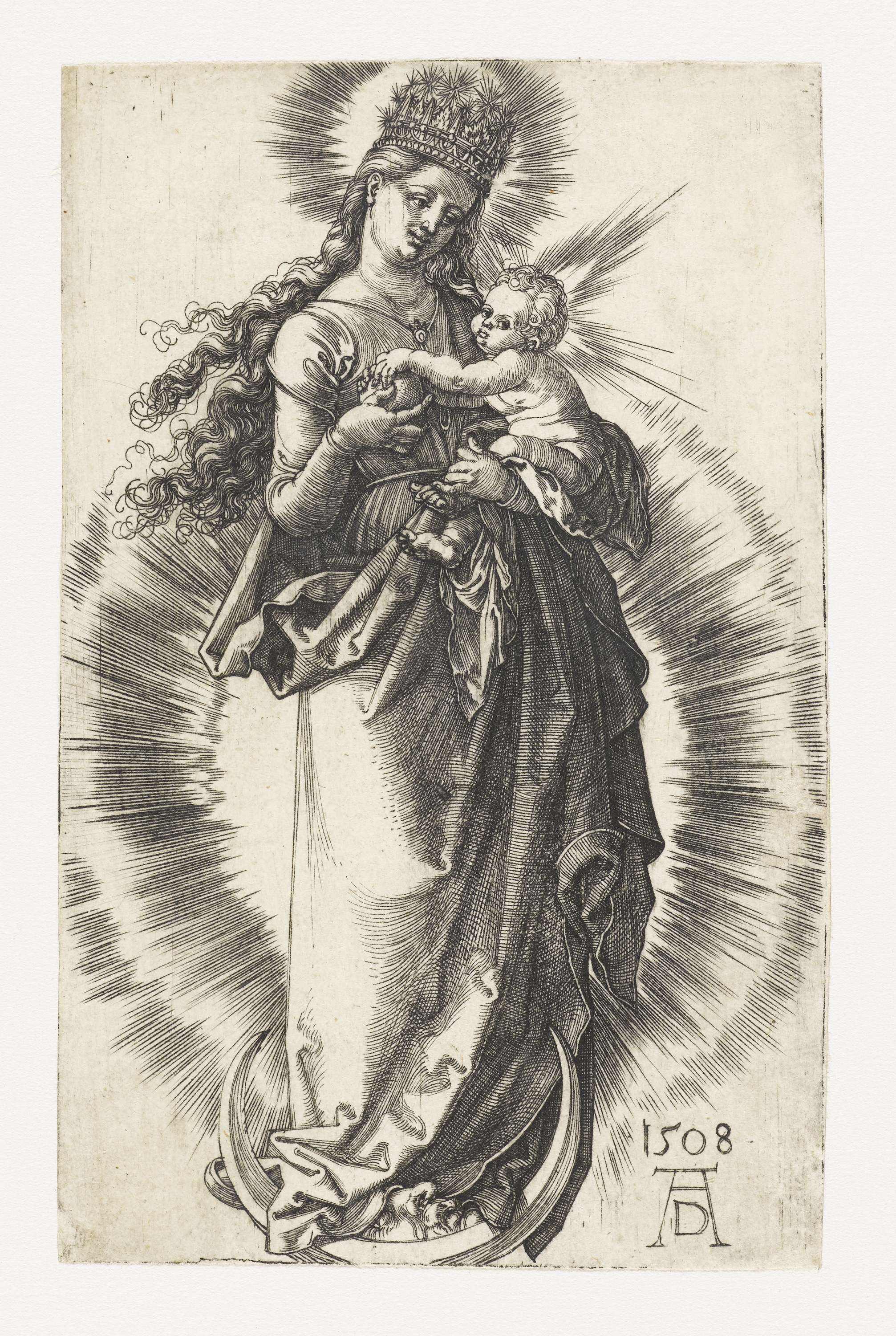 Engraving by Albrecht Dürer depicting Virgin Mary with child on crescent moon