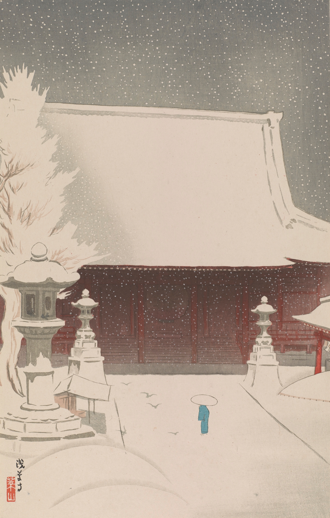 Asakusa Temple by Negoro Raizan, showcasing ornate architecture in warm light, ukiyo-e style.