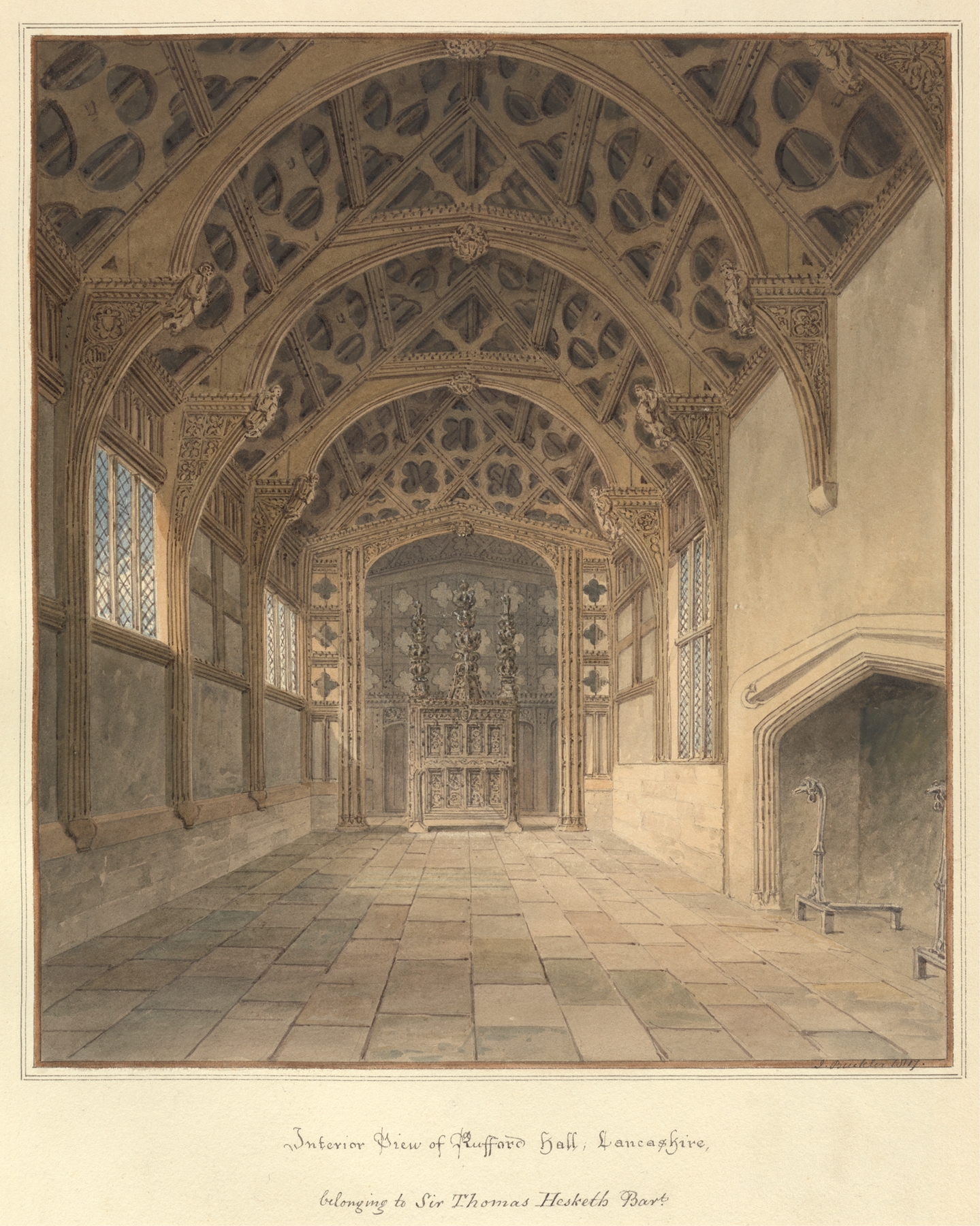Interior View of Rufford Hall, watercolor on paper by John Buckler