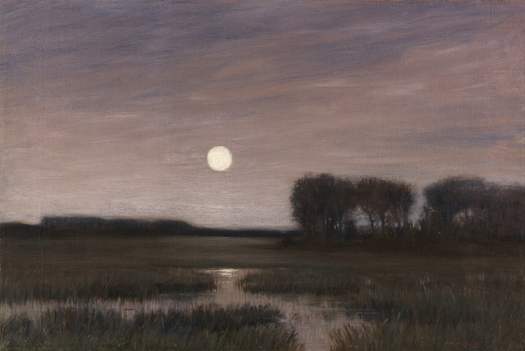 Landscape oil painting by Hans Am Ende depicting a sunset with a melancholic atmosphere.