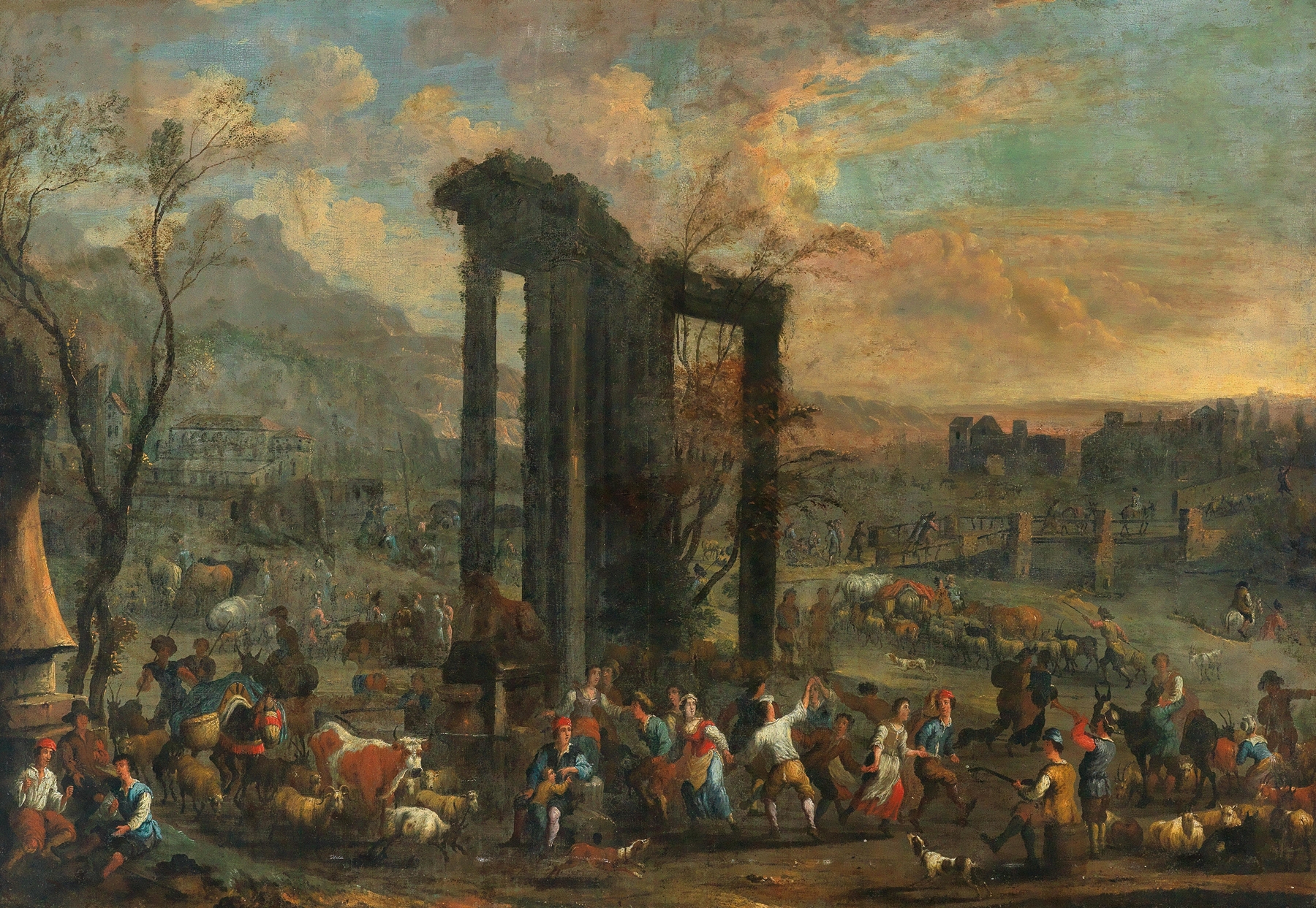 Genre scene with a market and figures in vibrant garments by Peeter van Bredael, oil painting.