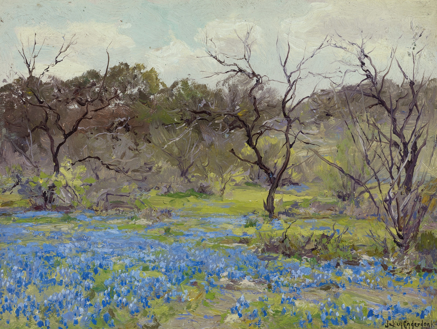 Early Spring—Bluebonnets and Mesquite by Julian Onderdonk, oil painting featuring bluebonnets and mesquite trees.
