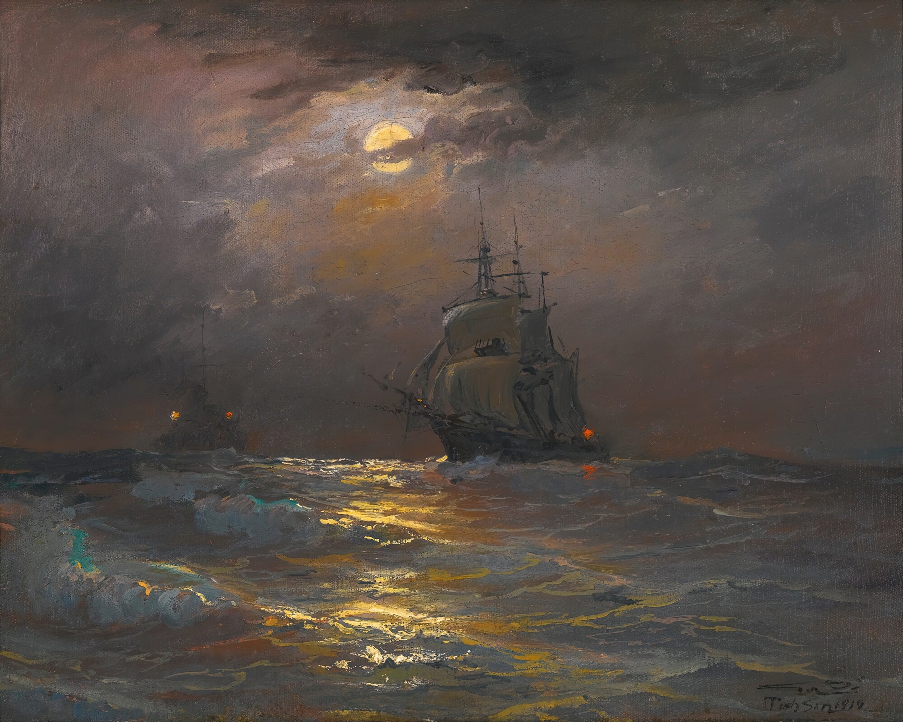 Marine scene with moonlight and waves by Diyarbakirli Tahsin