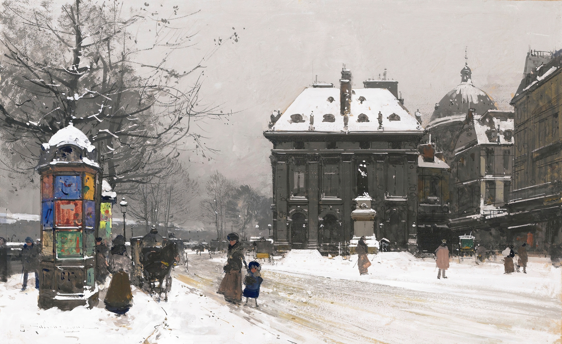 Les Quais De La Seine by Eugène Galien-Laloue, oil on canvas depicting a winter landscape.