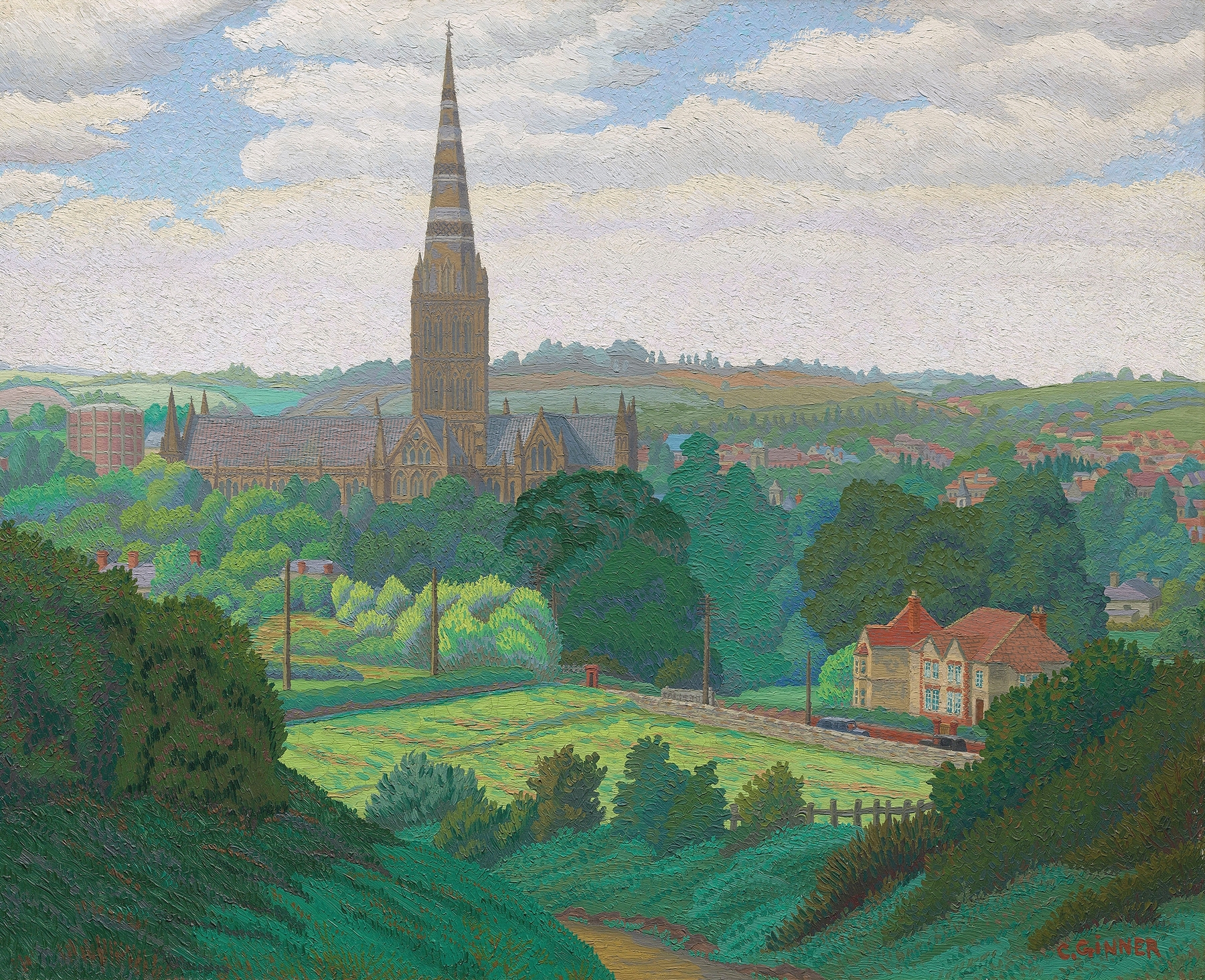 Salisbury by Charles Ginner, modernism, depicting a cathedral spire against a pale blue sky.