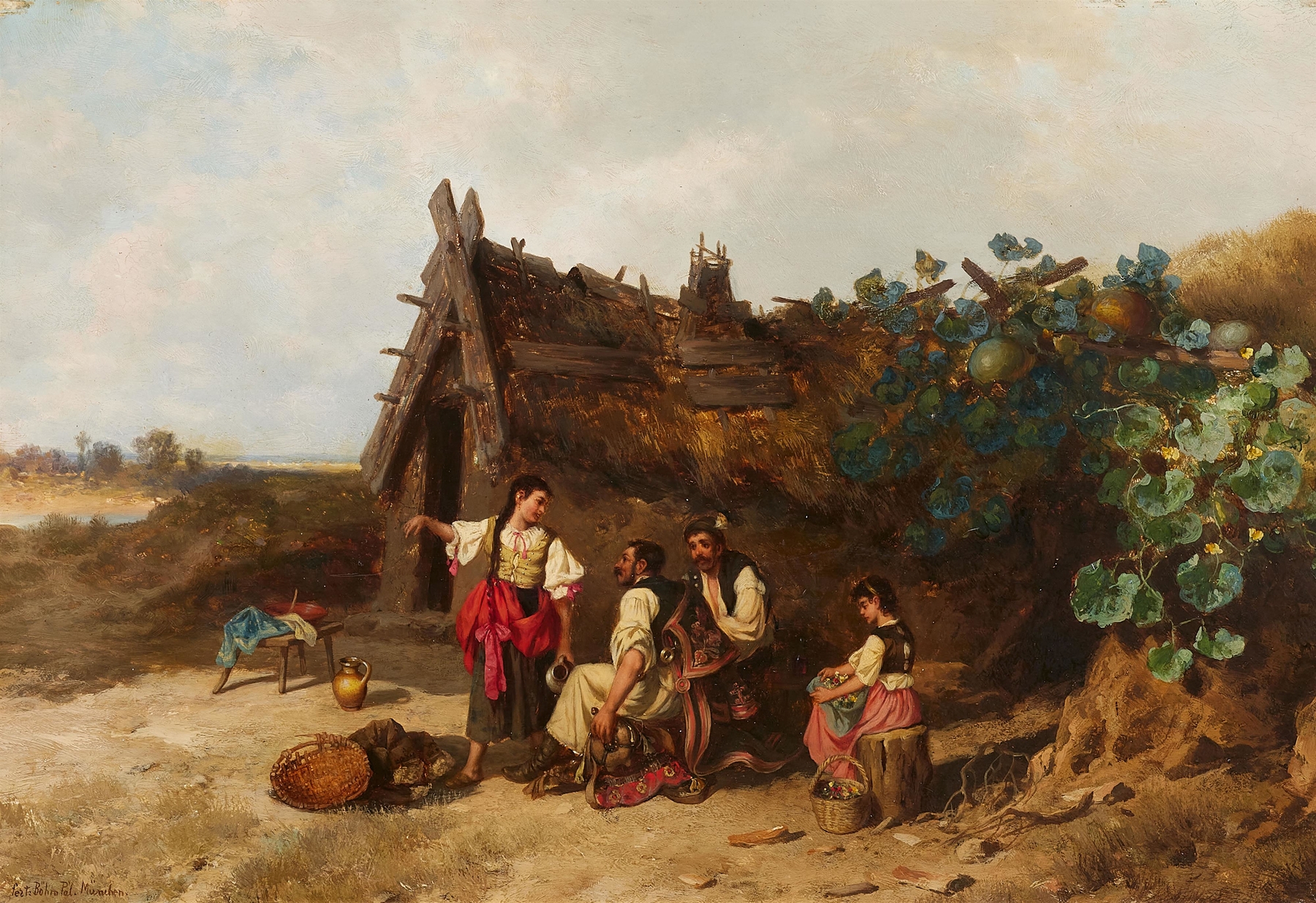 Hungarian farmer holding a bowl of stew, oil painting by Paul Böhm
