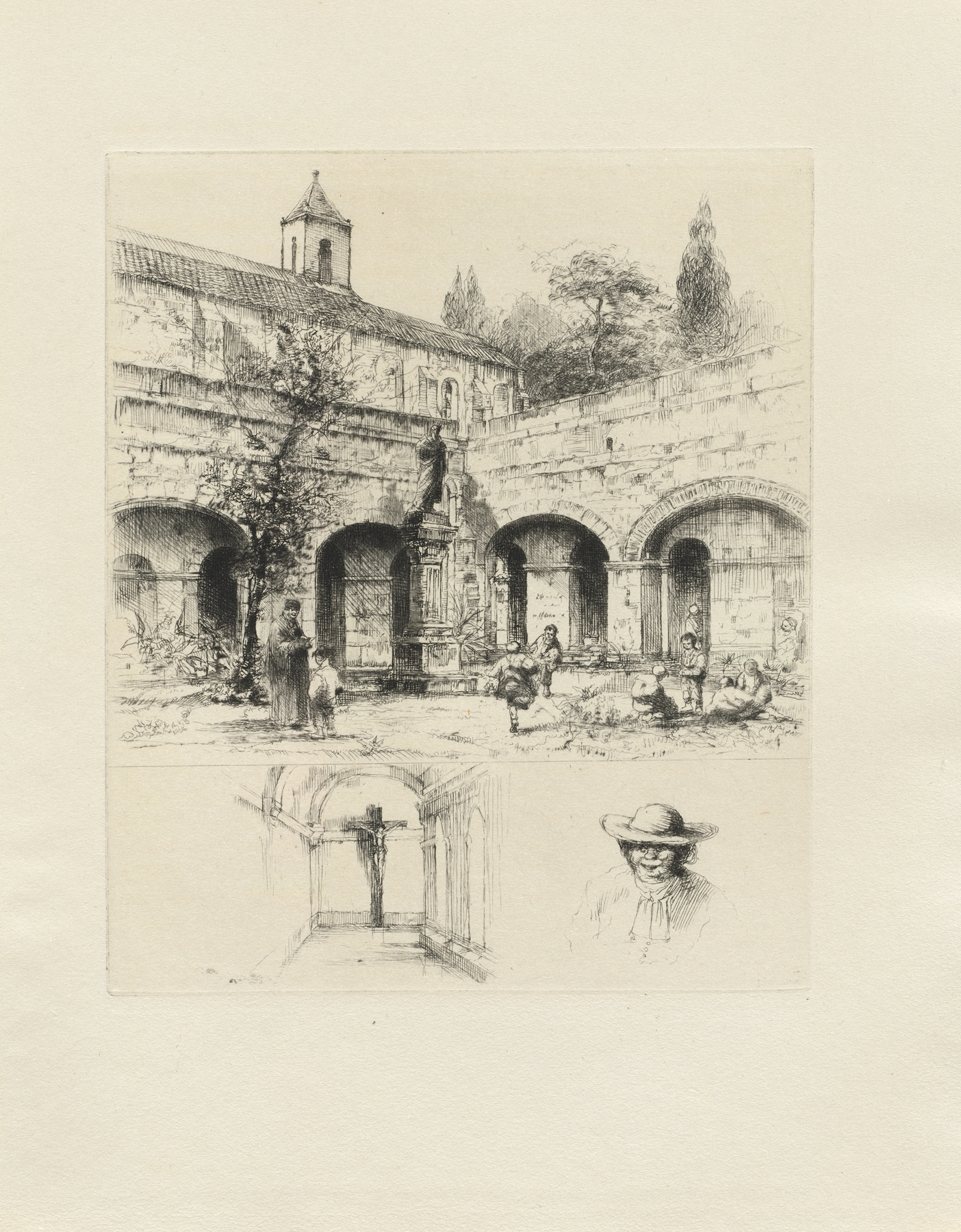 Engraving by Auguste Brouet featuring intricate lines and a central figure.