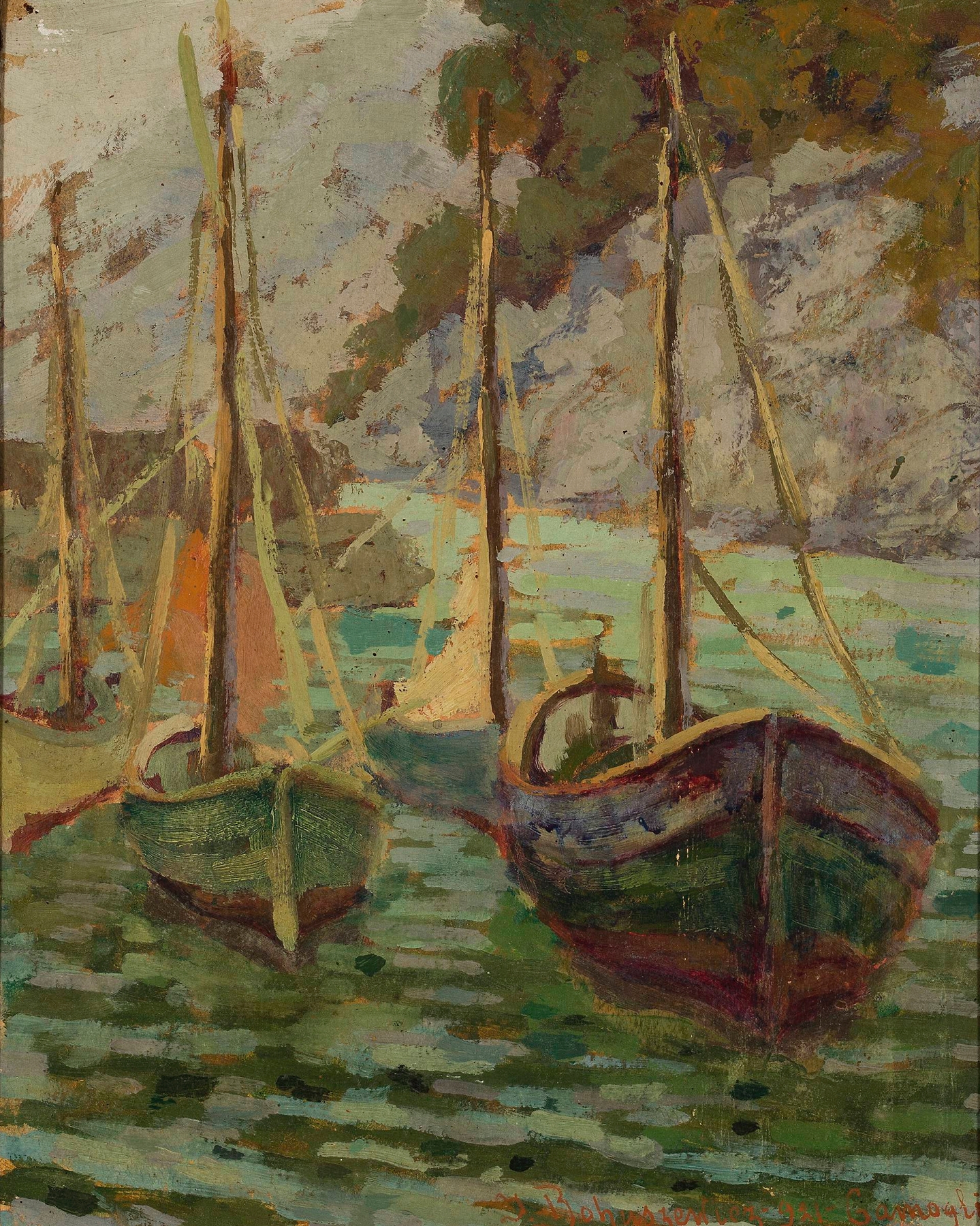 Marine scene at dusk with boats in the port, oil painting by Jan Bohuszewicz