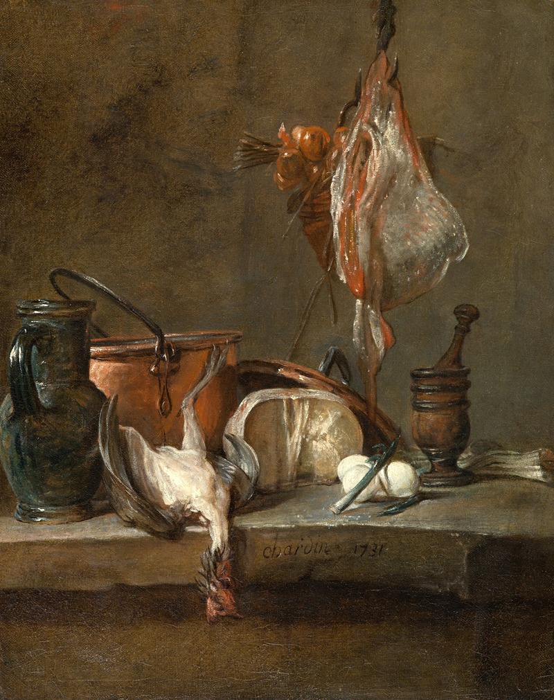 A still life painting featuring a ray and a basket of onions.