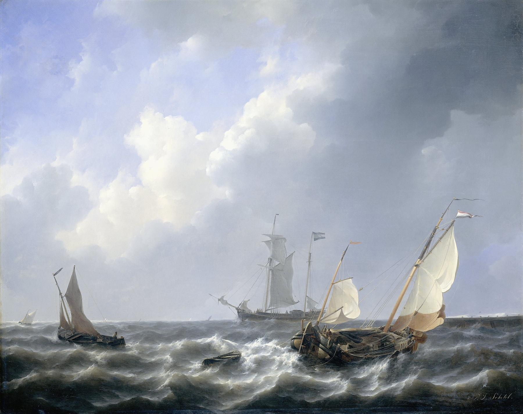 Oil painting by Petrus Johannes Schotel depicting a serene marine landscape with gentle waves