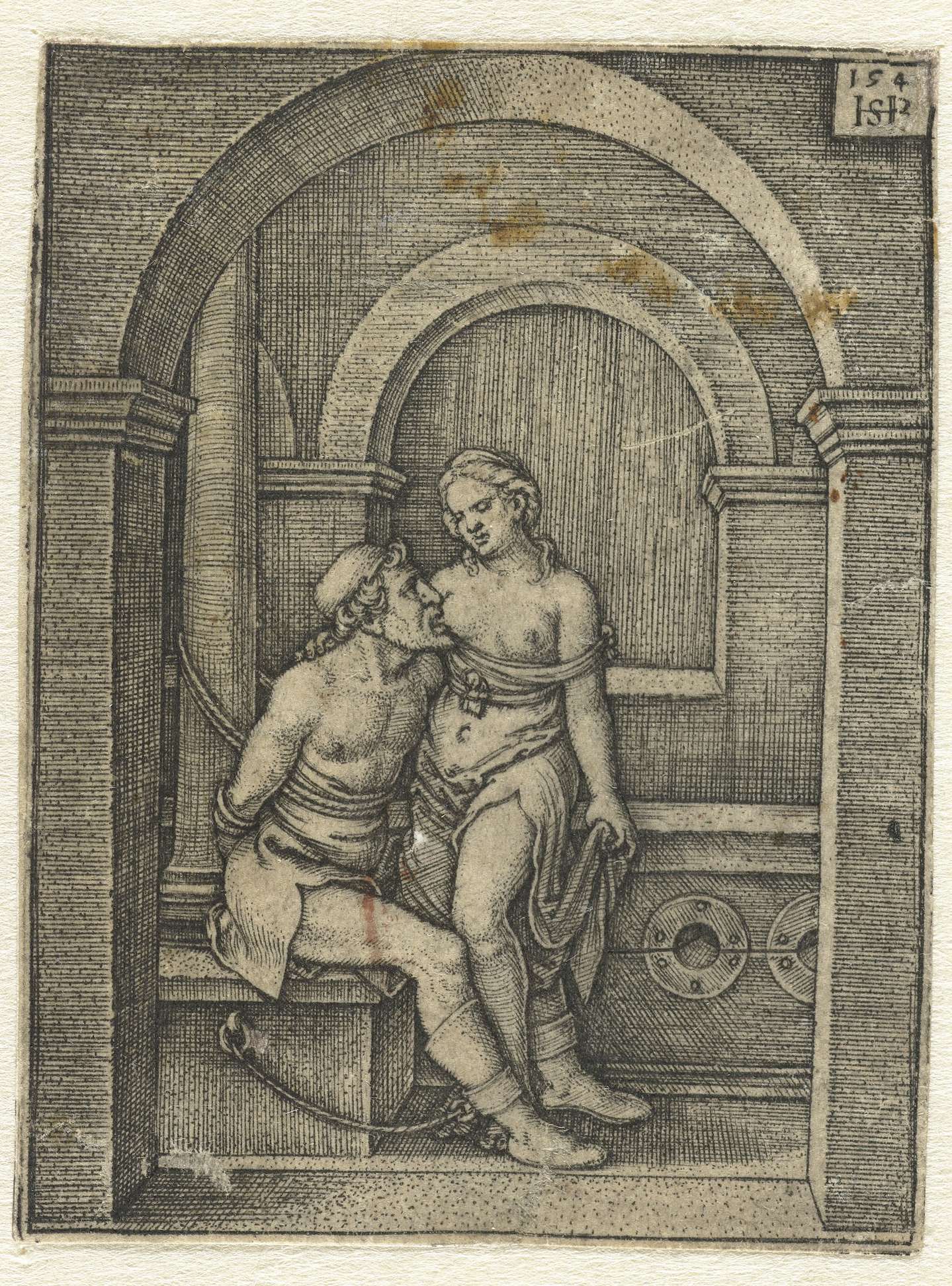 Engraving by Hans Sebald Beham depicting Cimon in chains with a sorrowful expression.