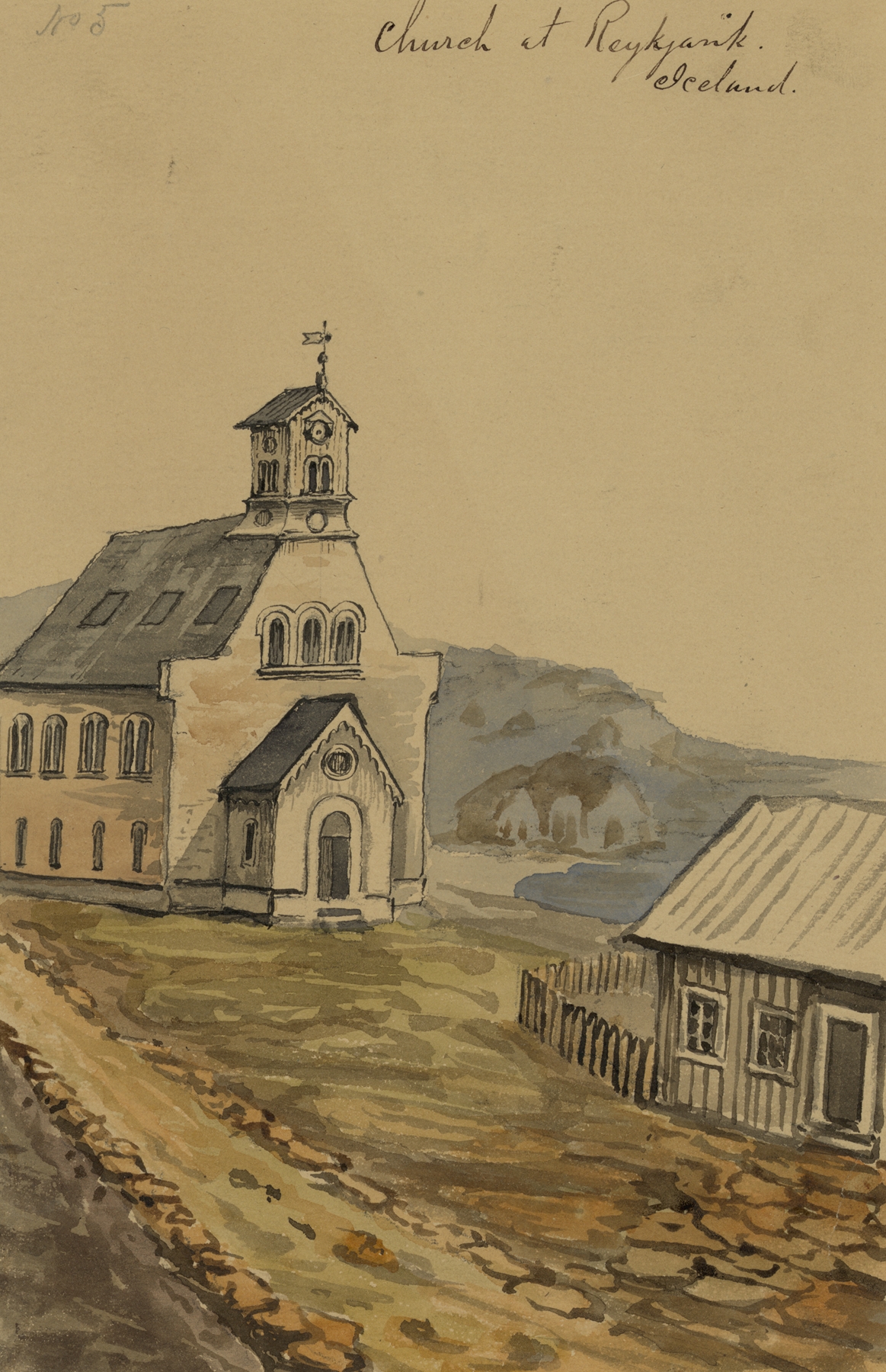 Church at Reykjavik, Iceland by Bayard Taylor, oil painting depicting a rustic church in a landscape.