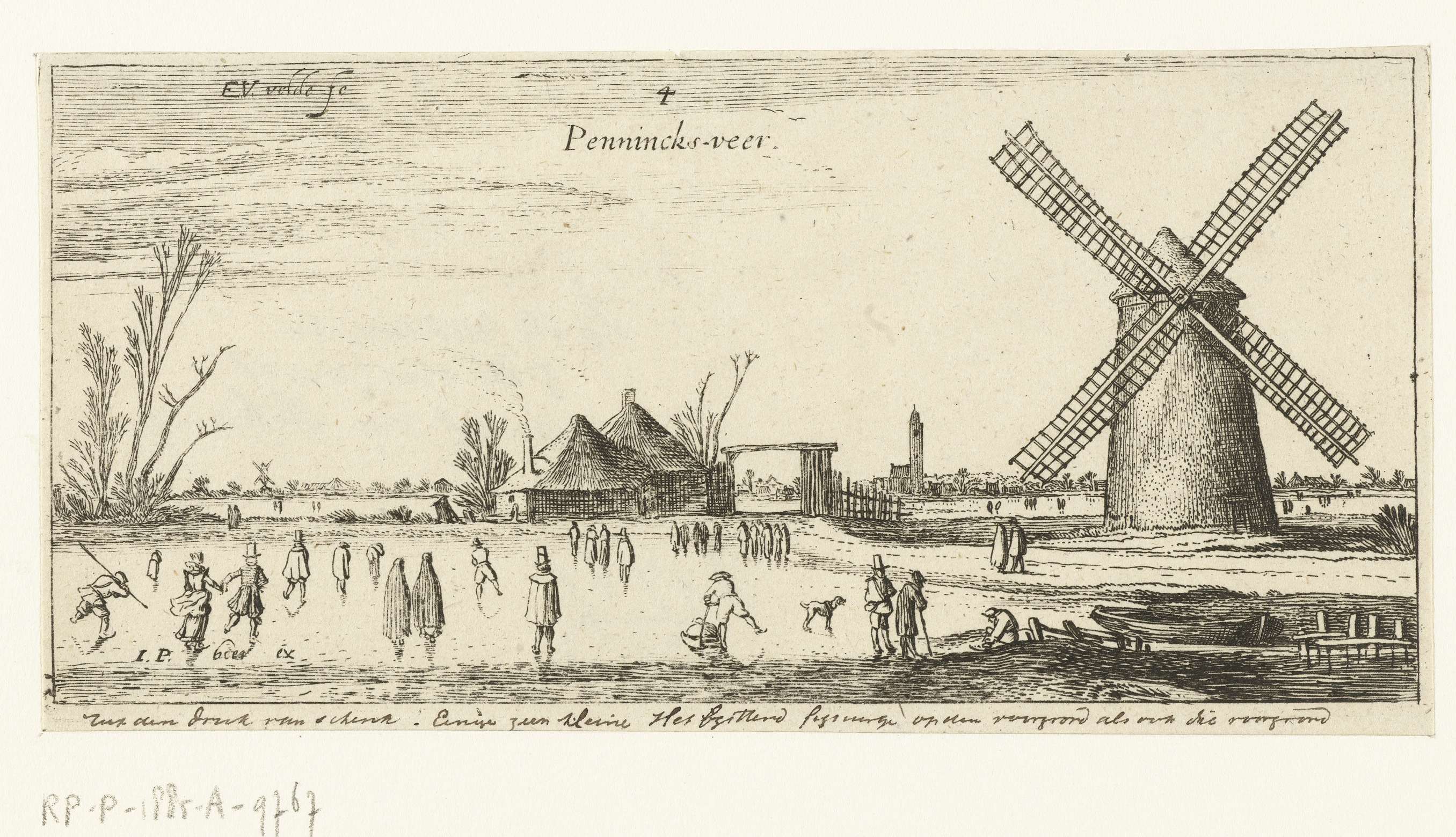 Schaatsers op het ijs bij een molen in de buurt van Penningsveer, etching by Esaias van de Velde